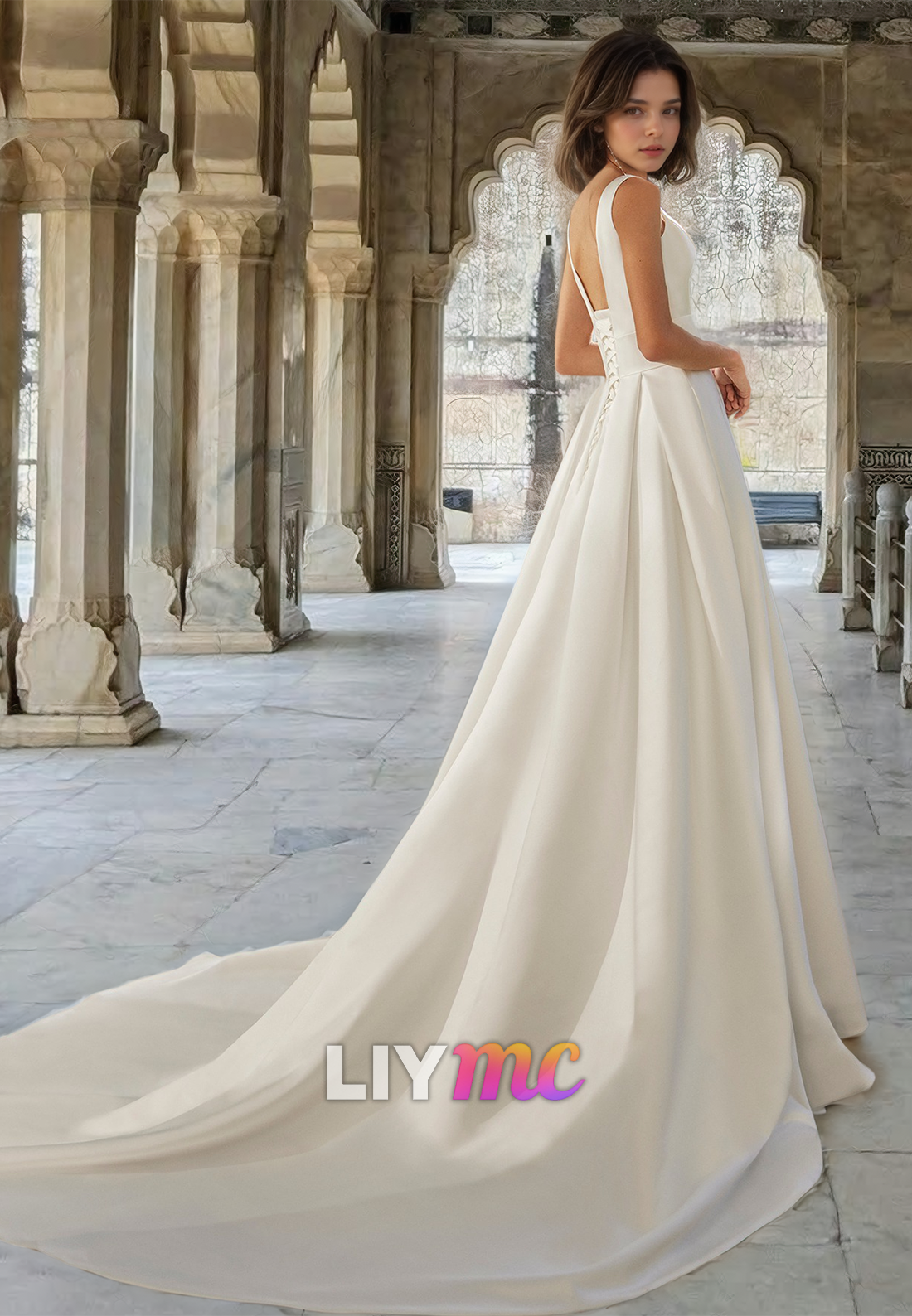 V-Neck Sleeveless Lace-Up Pleated Satin A-Line Simple Wedding Dress