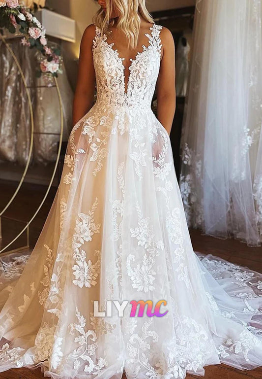 V-Neck Sleeveless Lace Appliques A-Line Wedding Dress