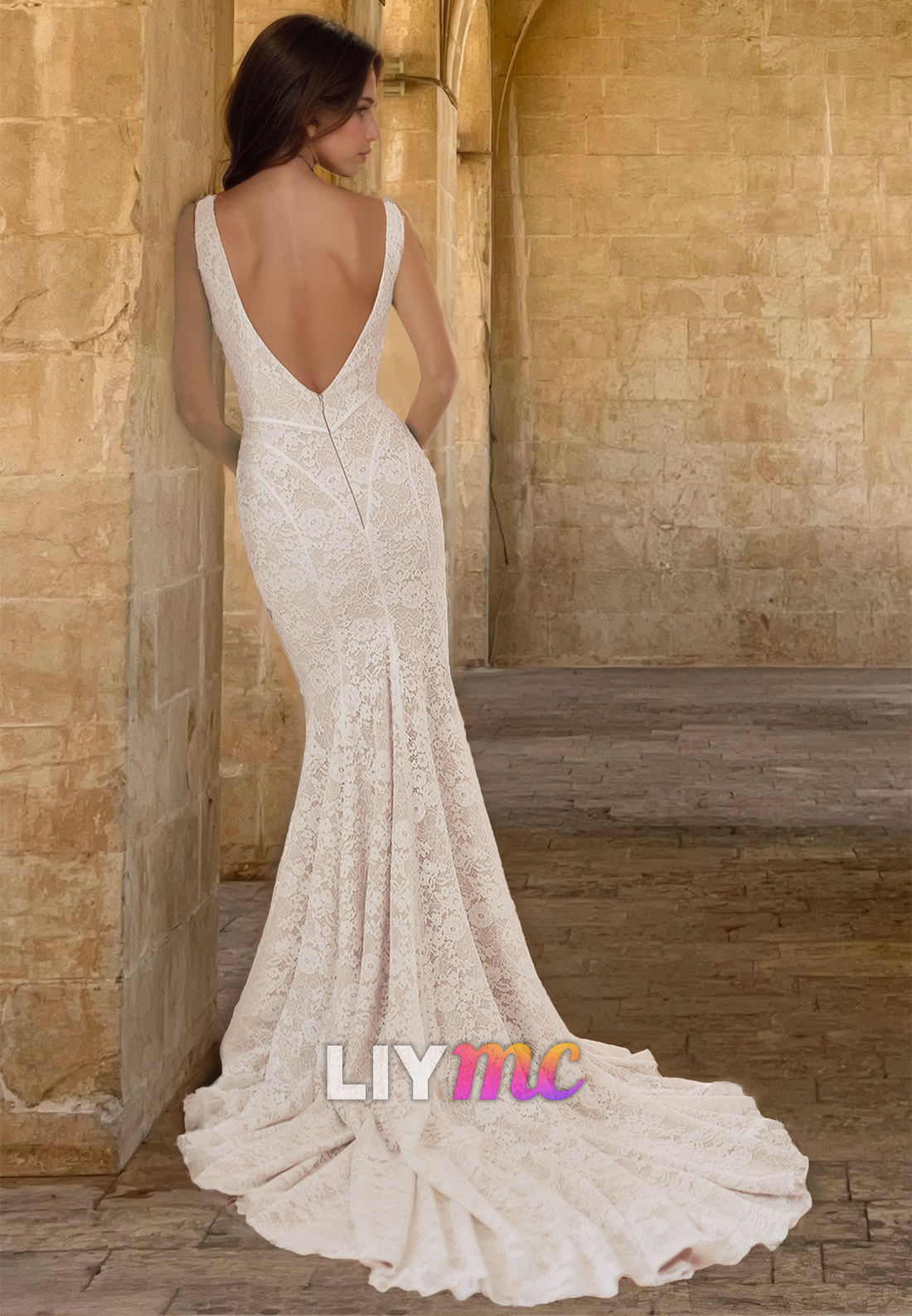 V-Neck Sleeveless Lace Appliques Mermaid Wedding Dress