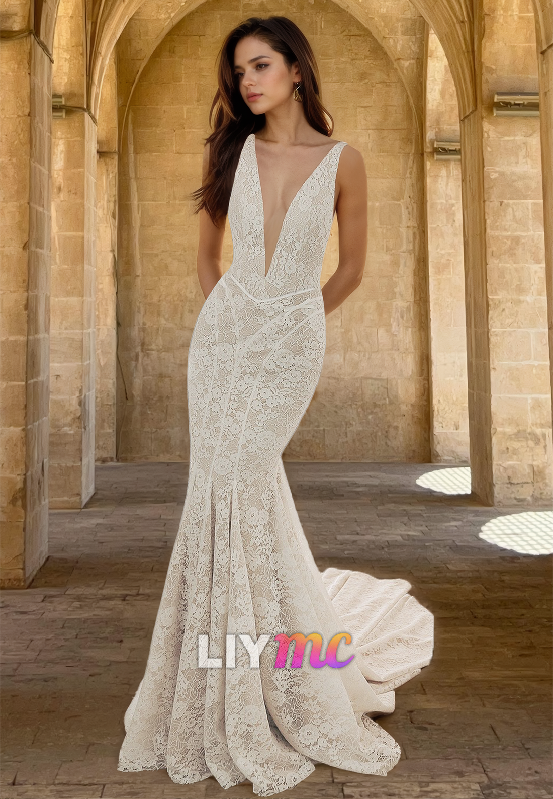 V-Neck Sleeveless Lace Appliques Mermaid Wedding Dress