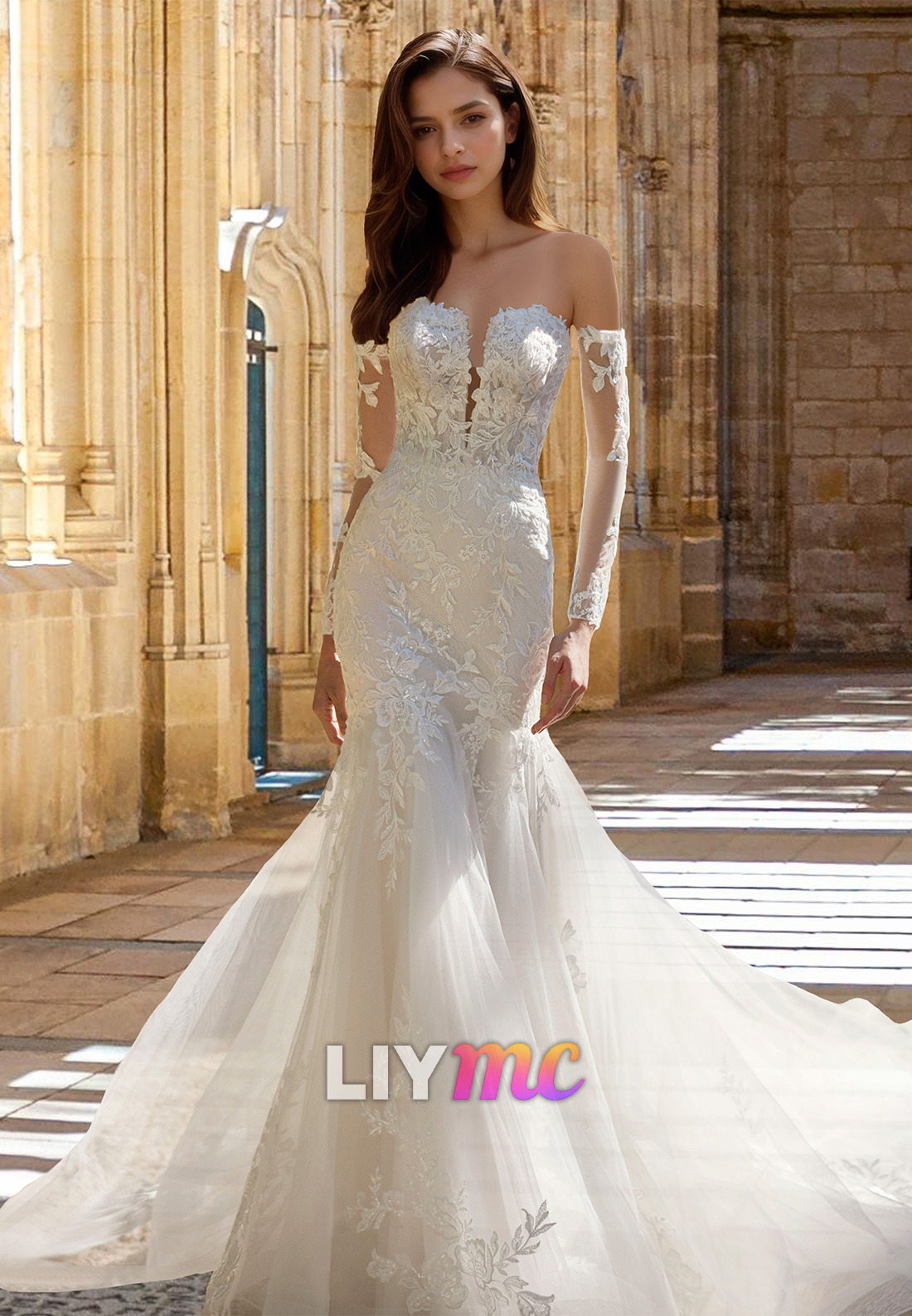 V-Neck Sleeveless Lace Appliques Mermaid Wedding Dress