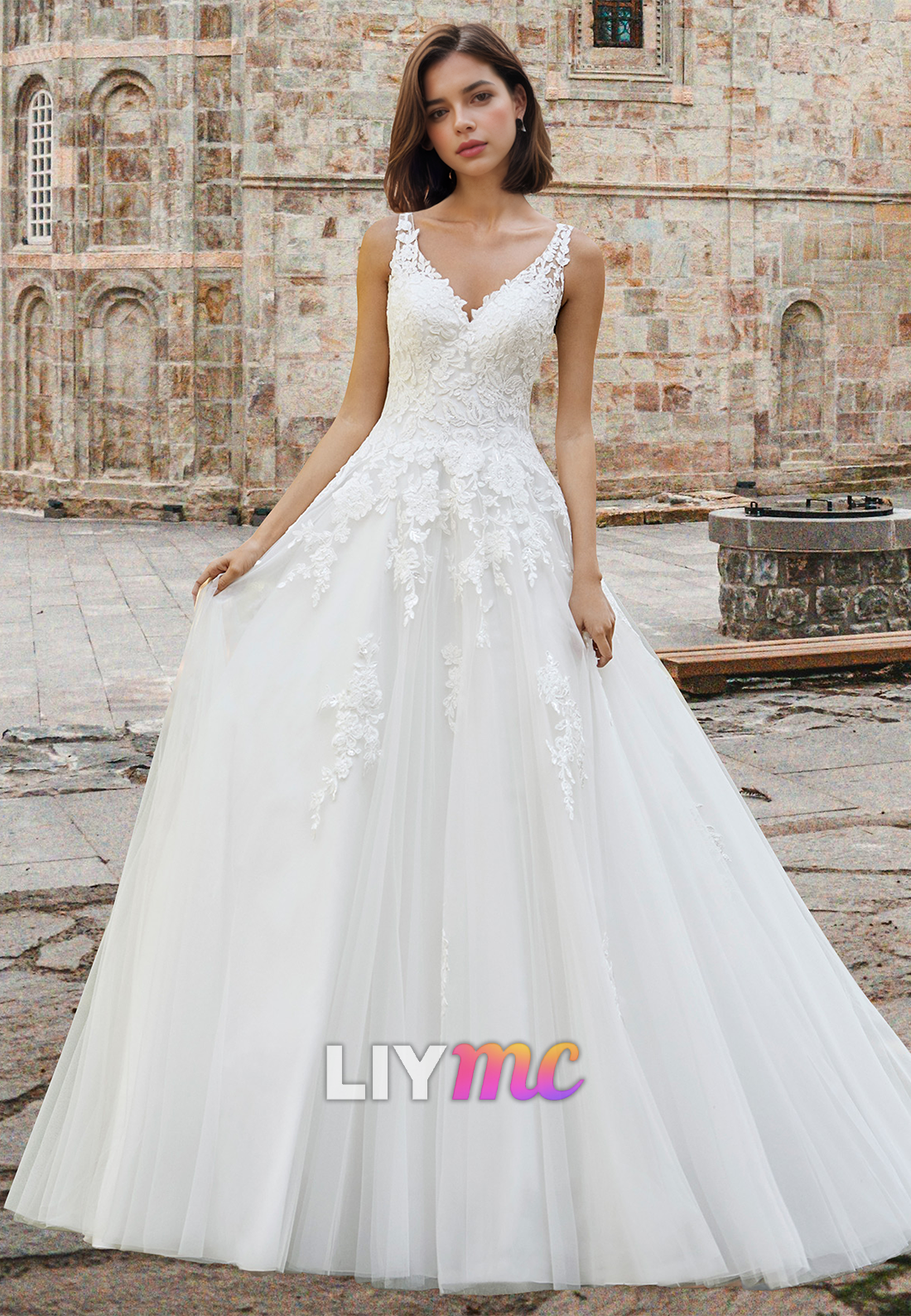 V-Neck Sleeveless Lace Appliques Pleated Tulle A-Line Wedding Dress