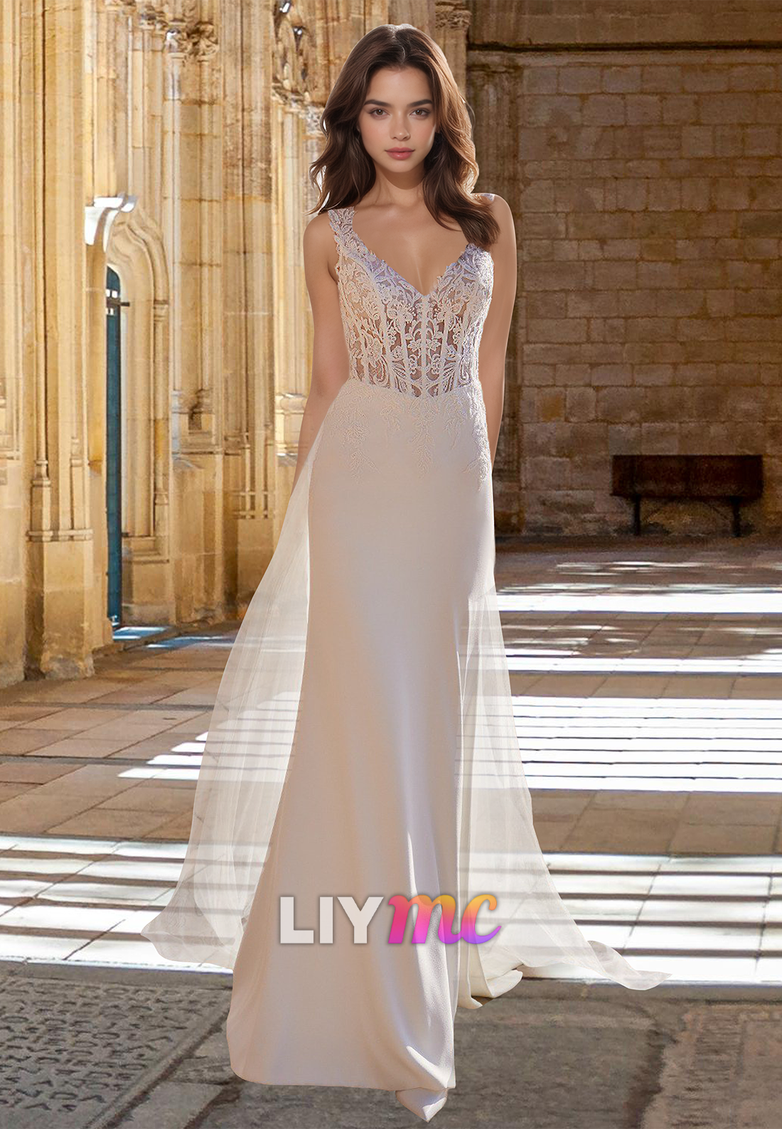 V-Neck Sleeveless Lace Appliques Sleek Mermaid Wedding Dress