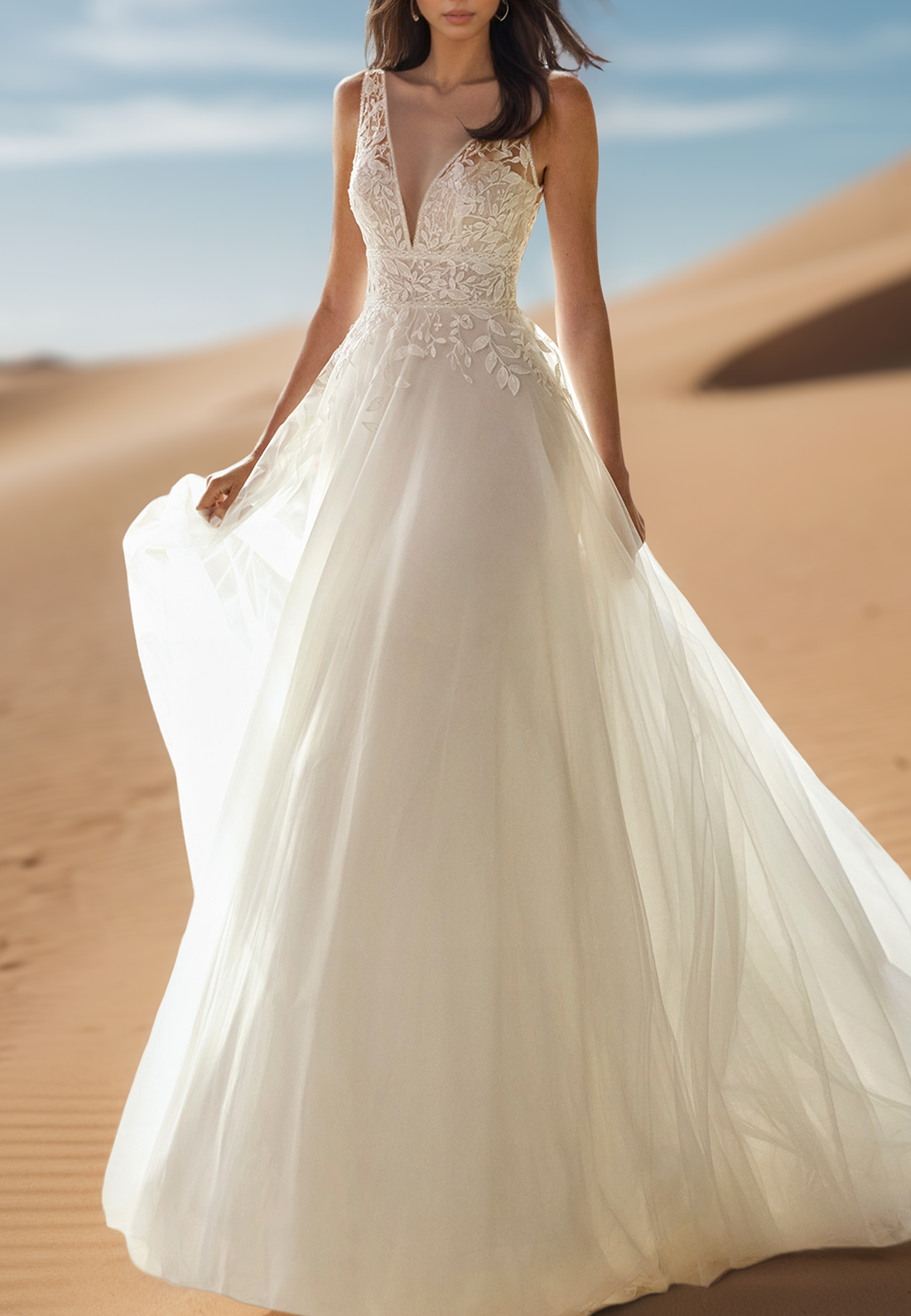 V-Neck Sleeveless Lace Appliques Tulle Ball Gown Wedding Dress