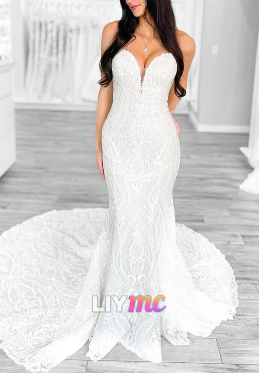 V-Neck Sleeveless Mermaid Strapless White Lace Wedding Dresses