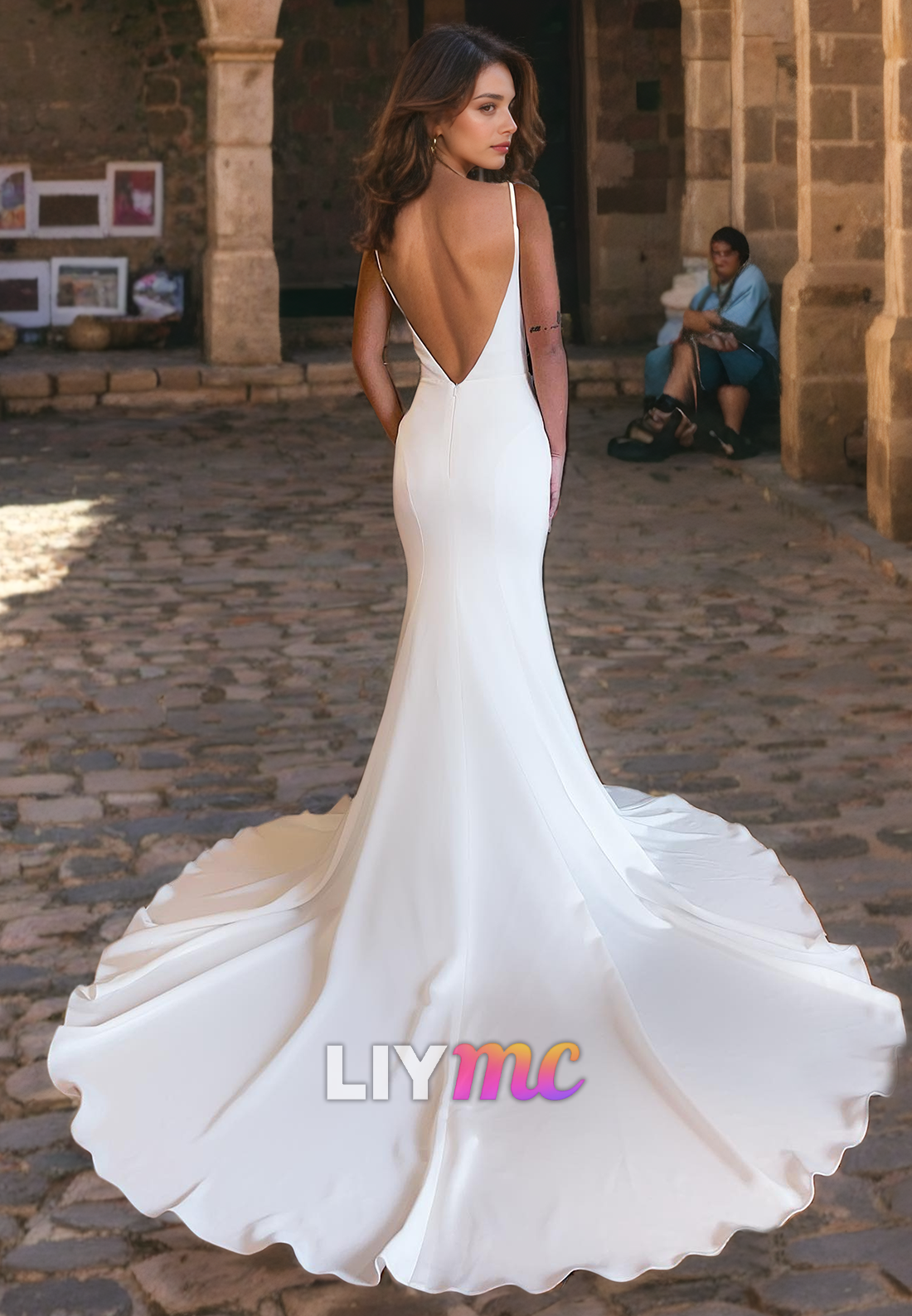 LW695 - Low V-Neck Sleeveless Sleek Satin Sweep Train Mermaid Beach Wedding Dress