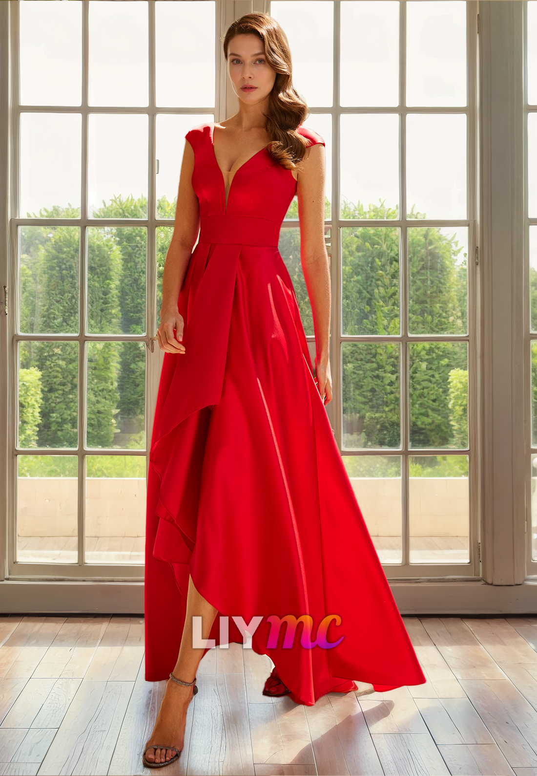 M1293 - V-Neck Sleeveless Sleek Satin Pleated A-Line Mother of Bride Dress Cocktail Dress