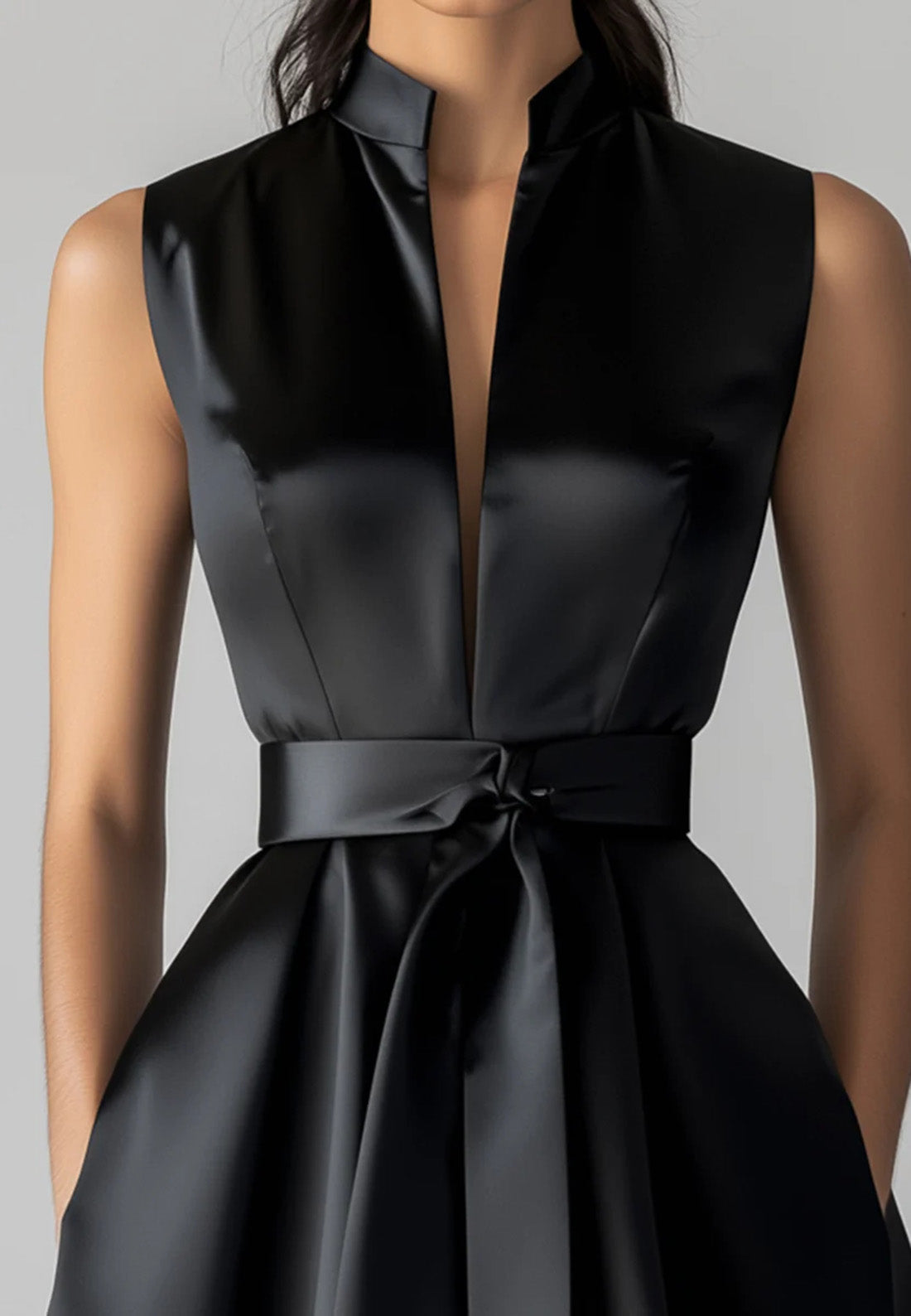 V-Neck Sleeveless Pleated A-Line Short Work Dress