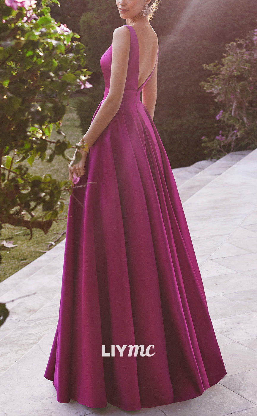 M1283 - V-Neck Sleeveless Pleated A-Line Sleek Satin Cocktail Dress Mother of Bride Dress