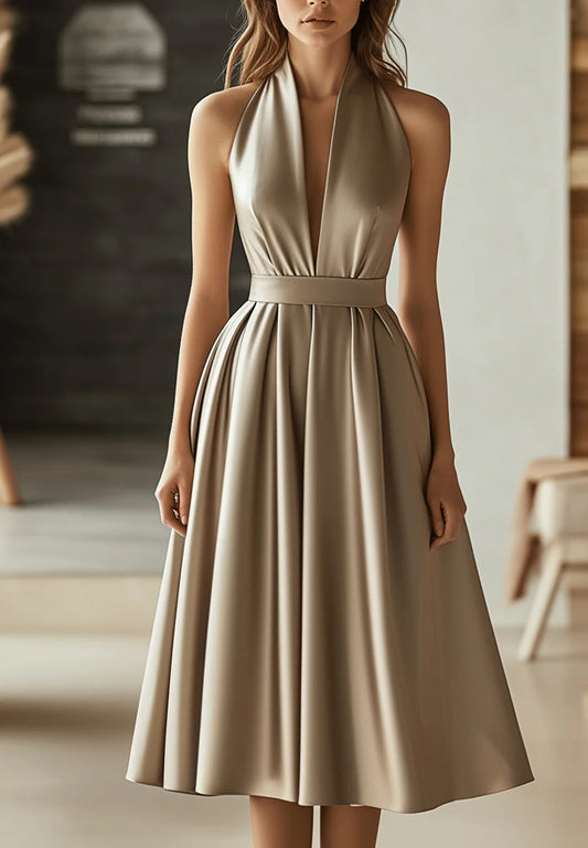 V-Neck Sleeveless Pleated A-Line Work Dress