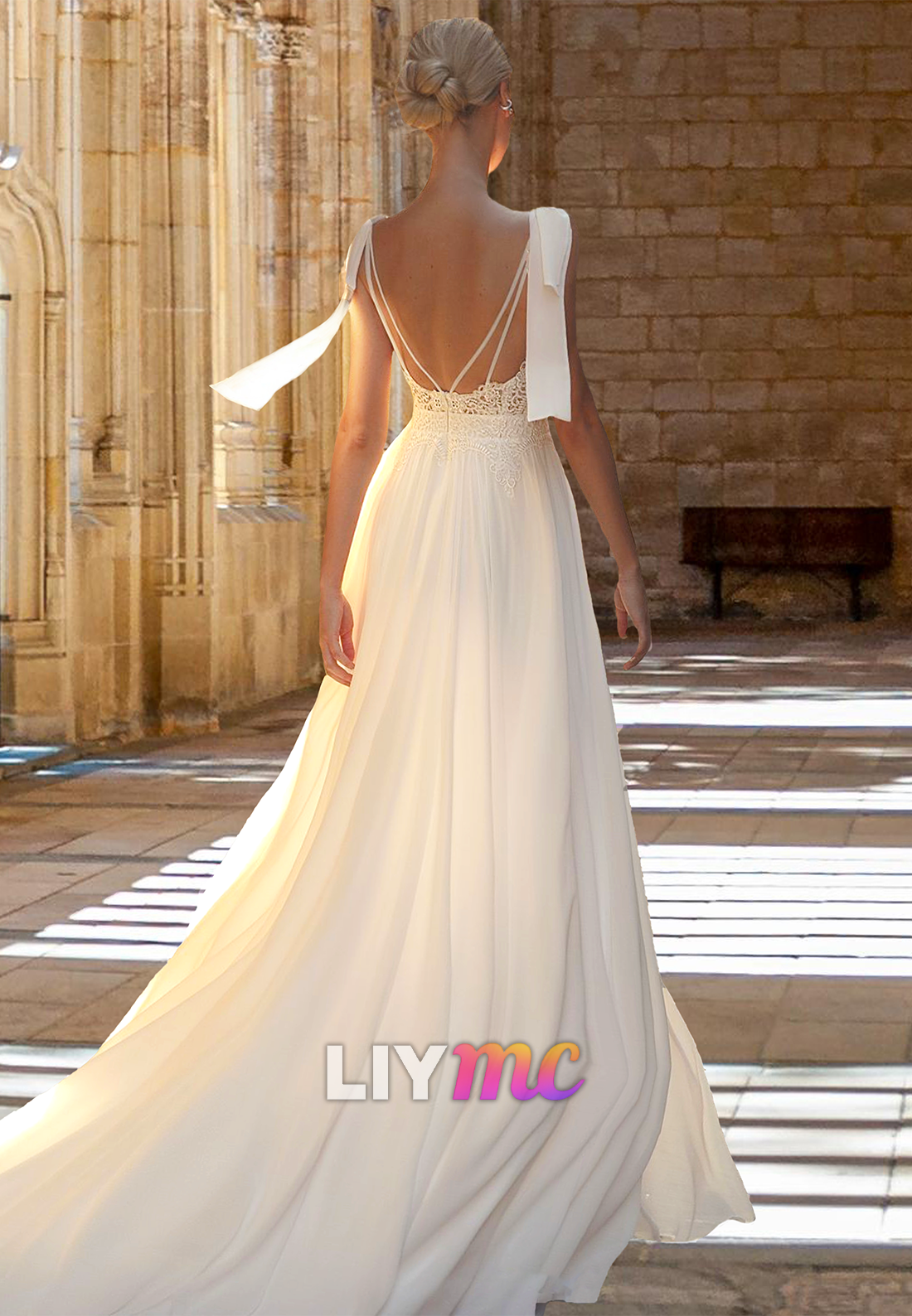 V-Neck Sleeveless Pleated Appliques Backless A-Line Wedding Dress