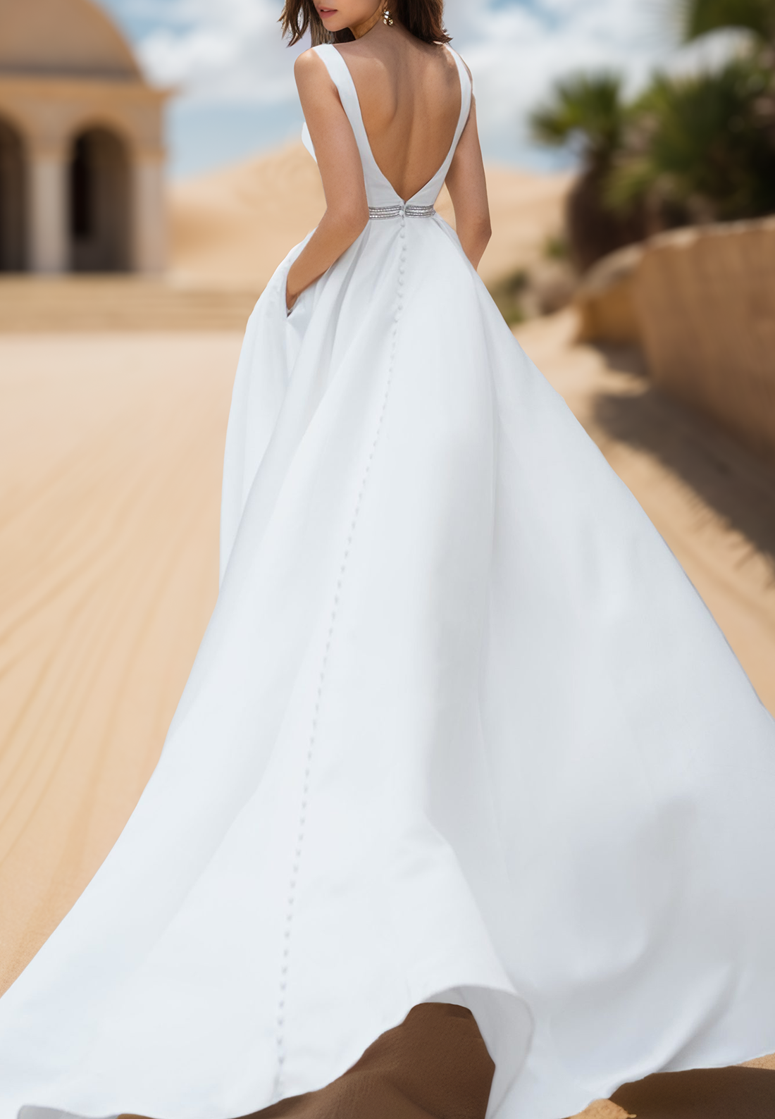 V-Neck Sleeveless Pleated Satin A-Line Simple Wedding Dress