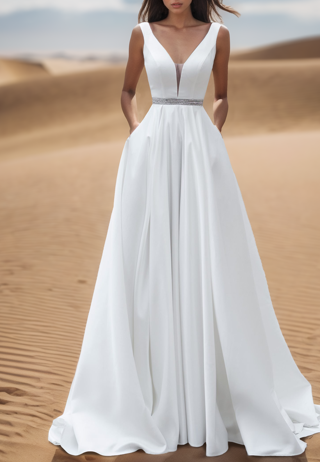 V-Neck Sleeveless Pleated Satin A-Line Simple Wedding Dress