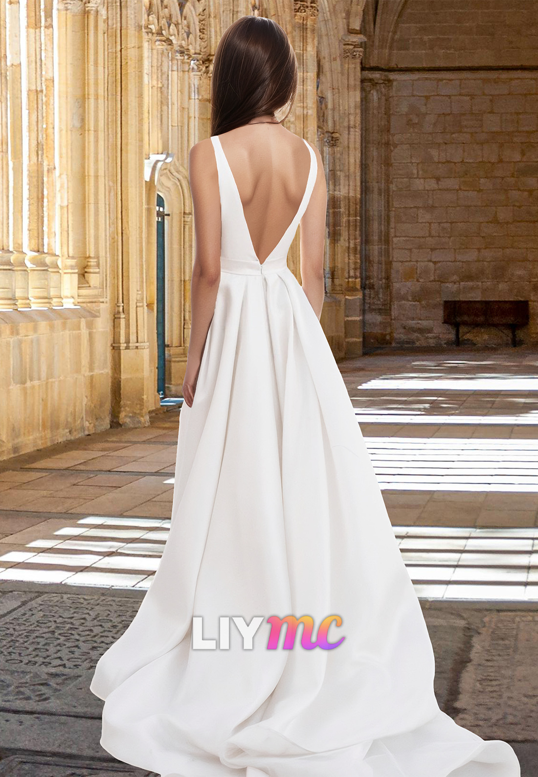 LW030 - A Line Deep V neck Satin Wedding Dress with Slit
