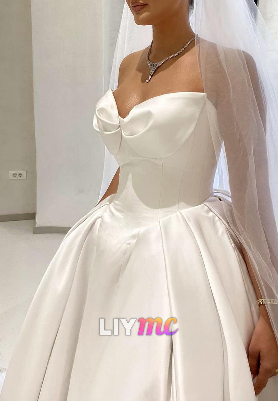V-Neck Sleeveless Pleated Satin A-Line Wedding Dress