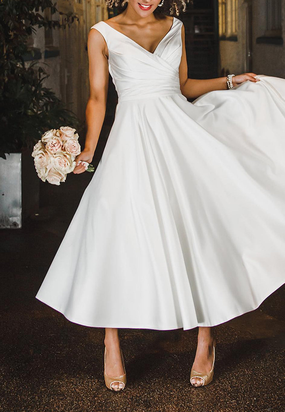 V-Neck Sleeveless Pleated Satin Simple Midi Wedding Dress