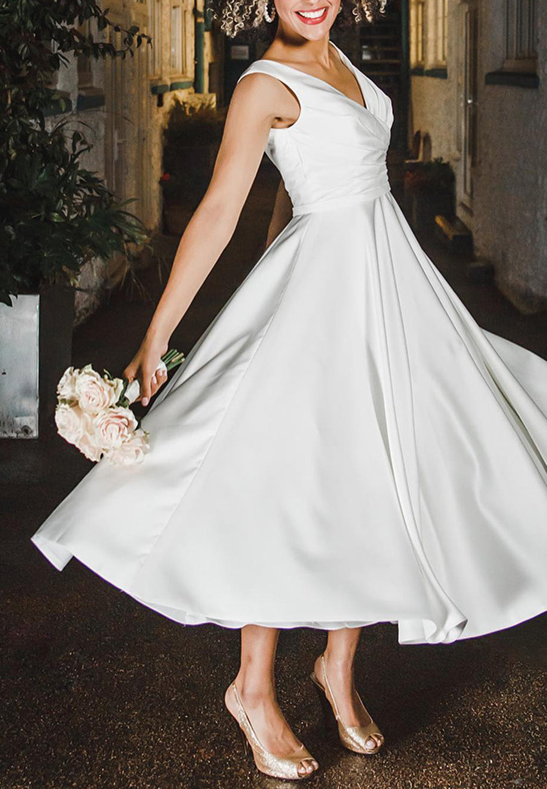 V-Neck Sleeveless Pleated Satin Simple Midi Wedding Dress