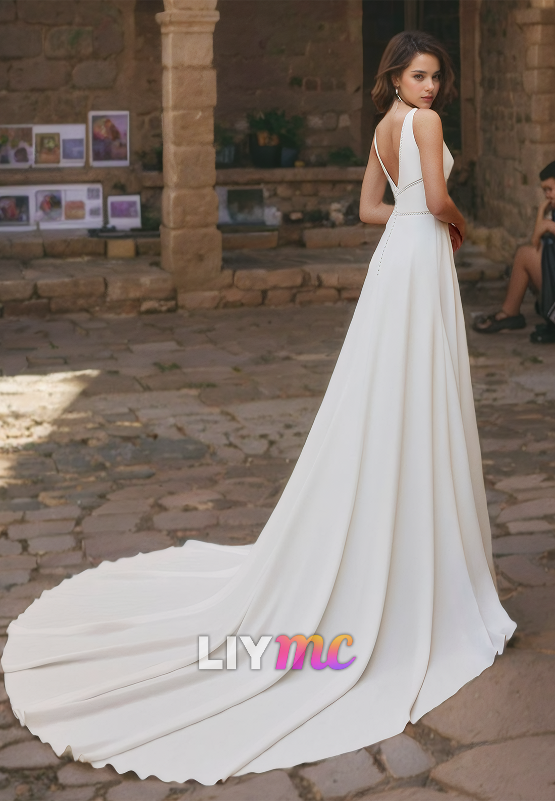 V-Neck Sleeveless Pleated Sleek A-Line Beach Wedding Dress