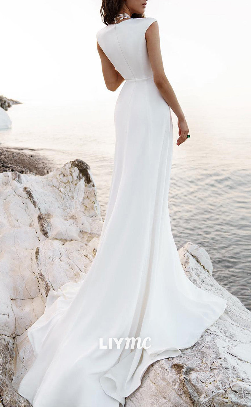 LW857 - V-Neck Sleeveless Ruched High Slit Sleek Satin Beach Wedding Dress