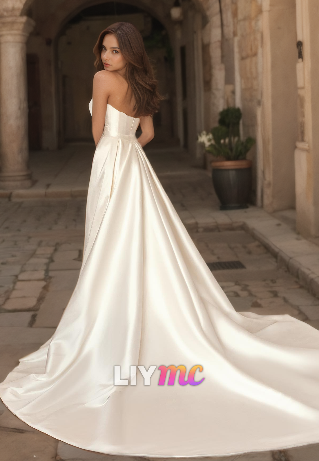 V-Neck Sleeveless Ruched Mermaid Sweep Train Wedding Dress