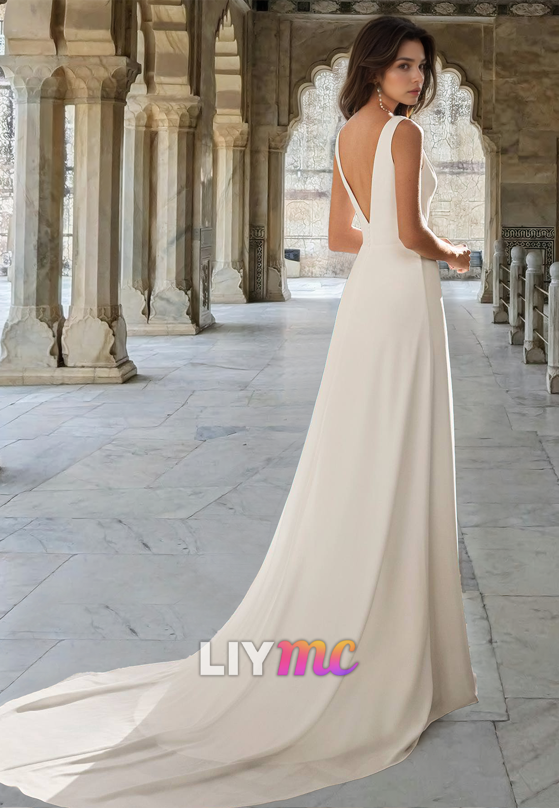 V-Neck Sleeveless Ruched Pleated Side Slit A-Line Beach Wedding Dress