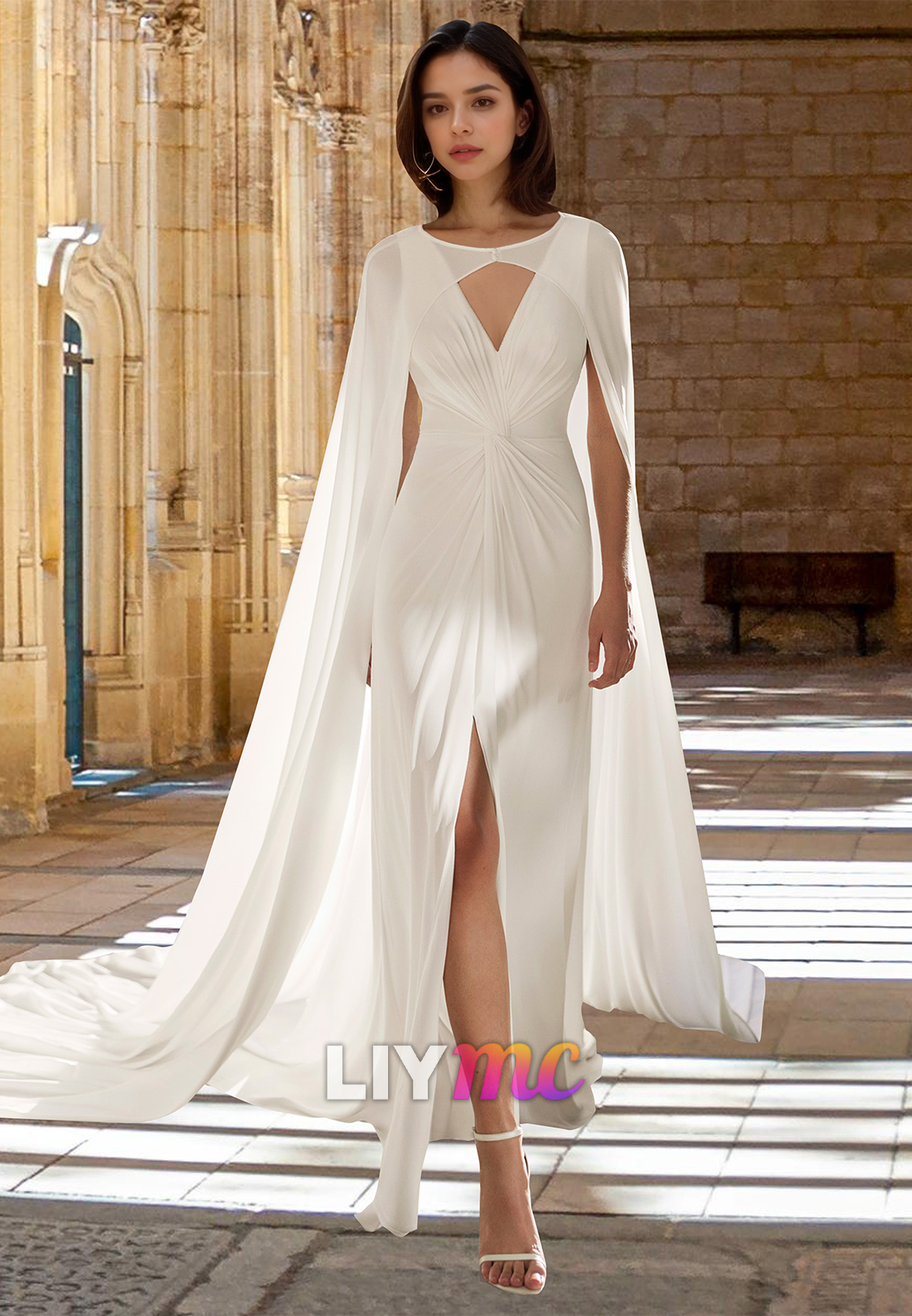 V-Neck Sleeveless Ruched Sheath Beach Wedding Dress