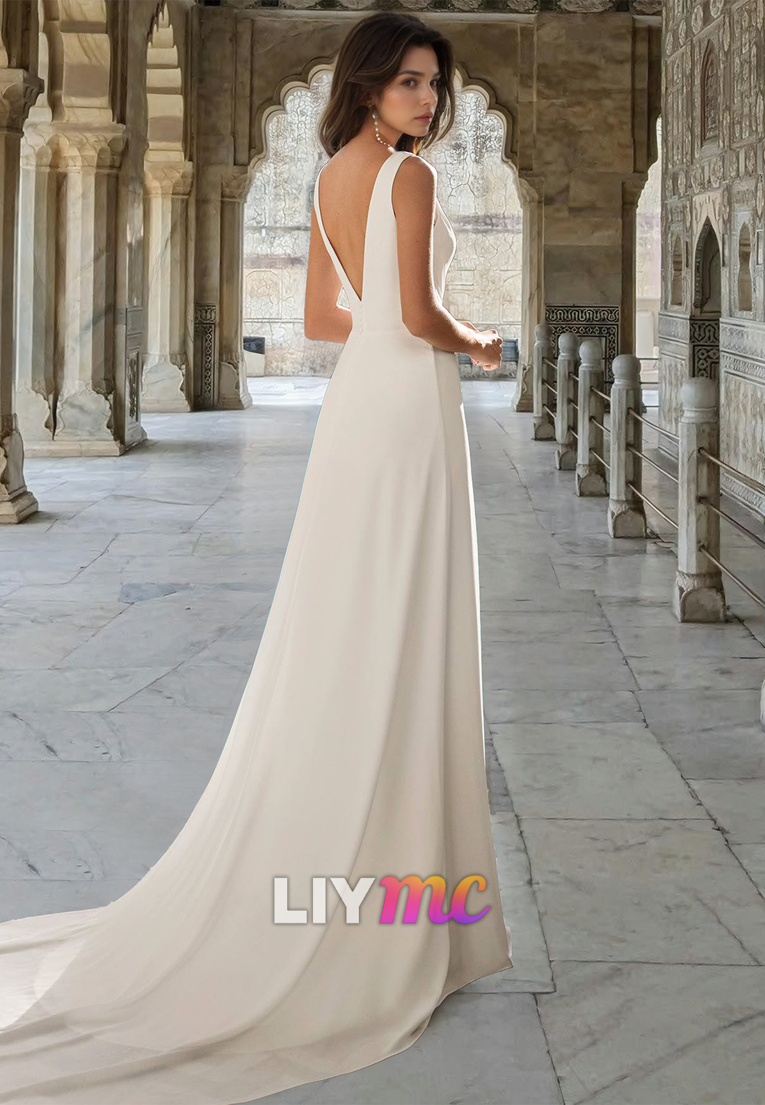V-Neck Sleeveless Ruched Sheath Beach Wedding Dress