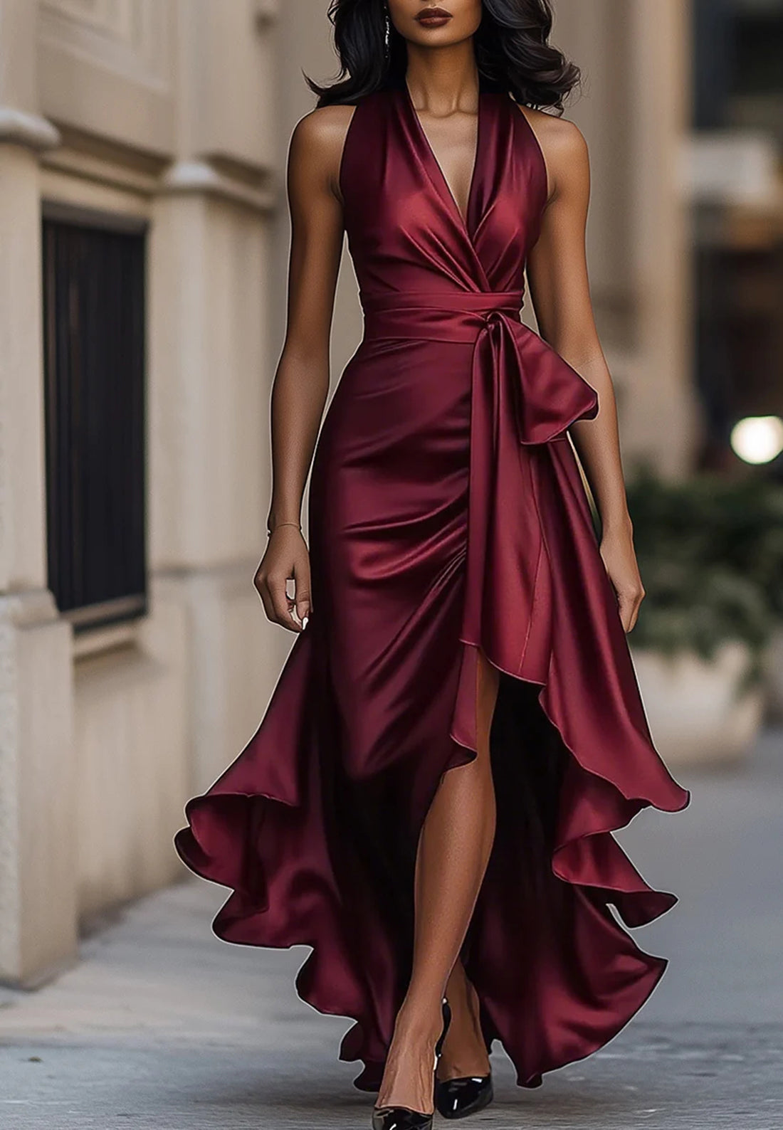 V-Neck Sleeveless Ruched Sheath Wedding Guest Dress