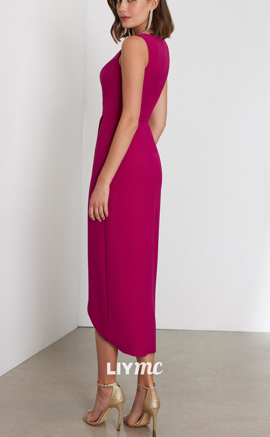 M1270 - V-Neck Sleeveless Ruched Sleek Satin Mother of Bride Dress Cocktail Dress