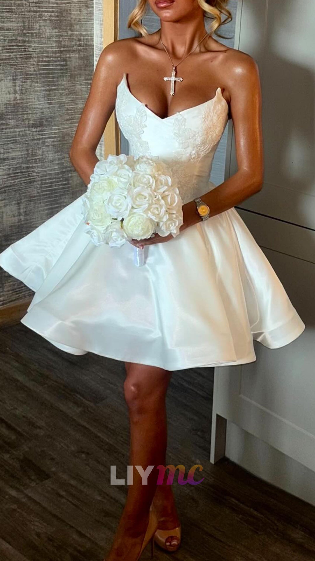 V-Neck Sleeveless Satin A-Line Short Wedding Dress