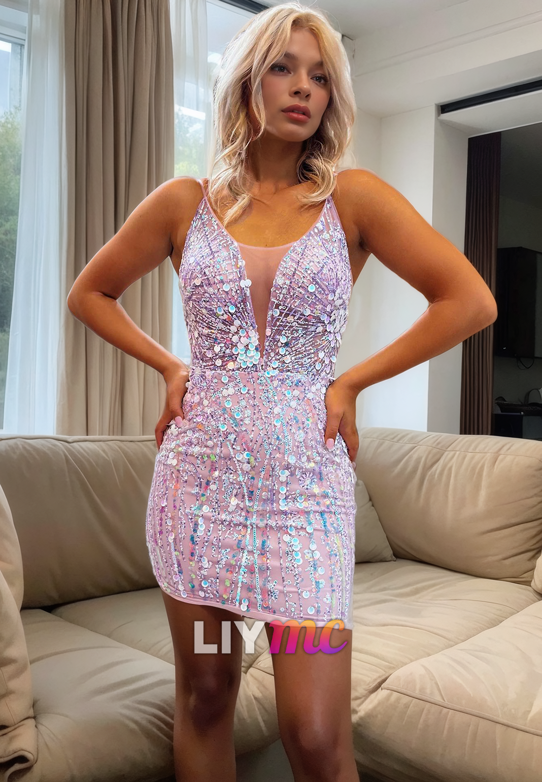 V-Neck Sleeveless Sequins Appliques Bodycon Sparkly Short Homecoming Dress