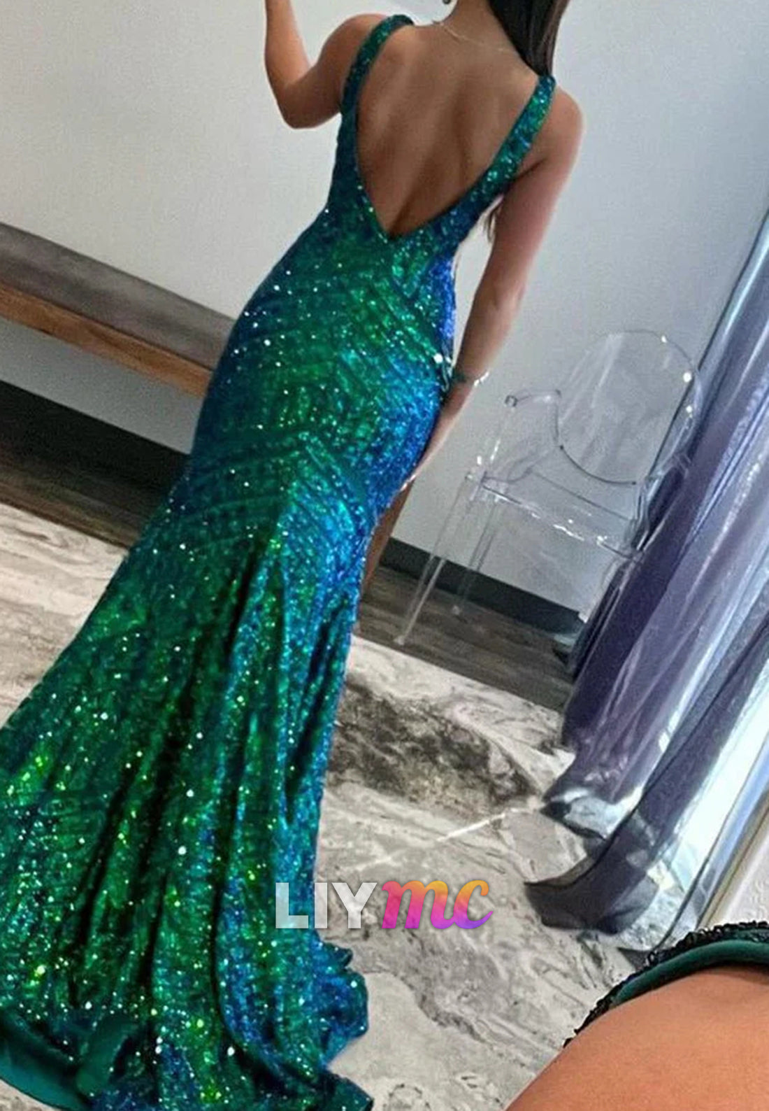 V-Neck Sleeveless Sequins Sparkly Mermaid Prom Dress