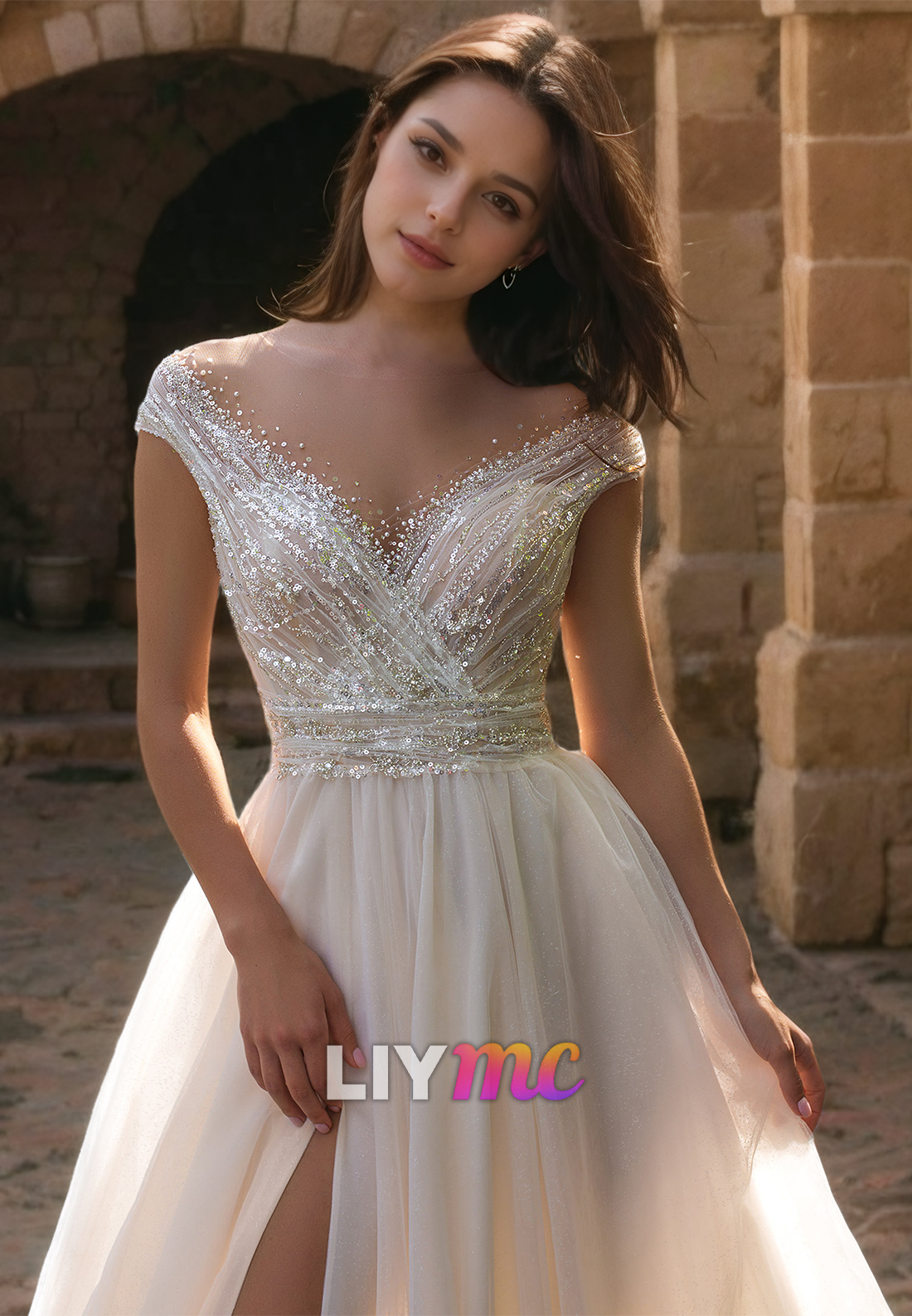 V-Neck Sleeveless Sequins Tulle A-Line Wedding Dress