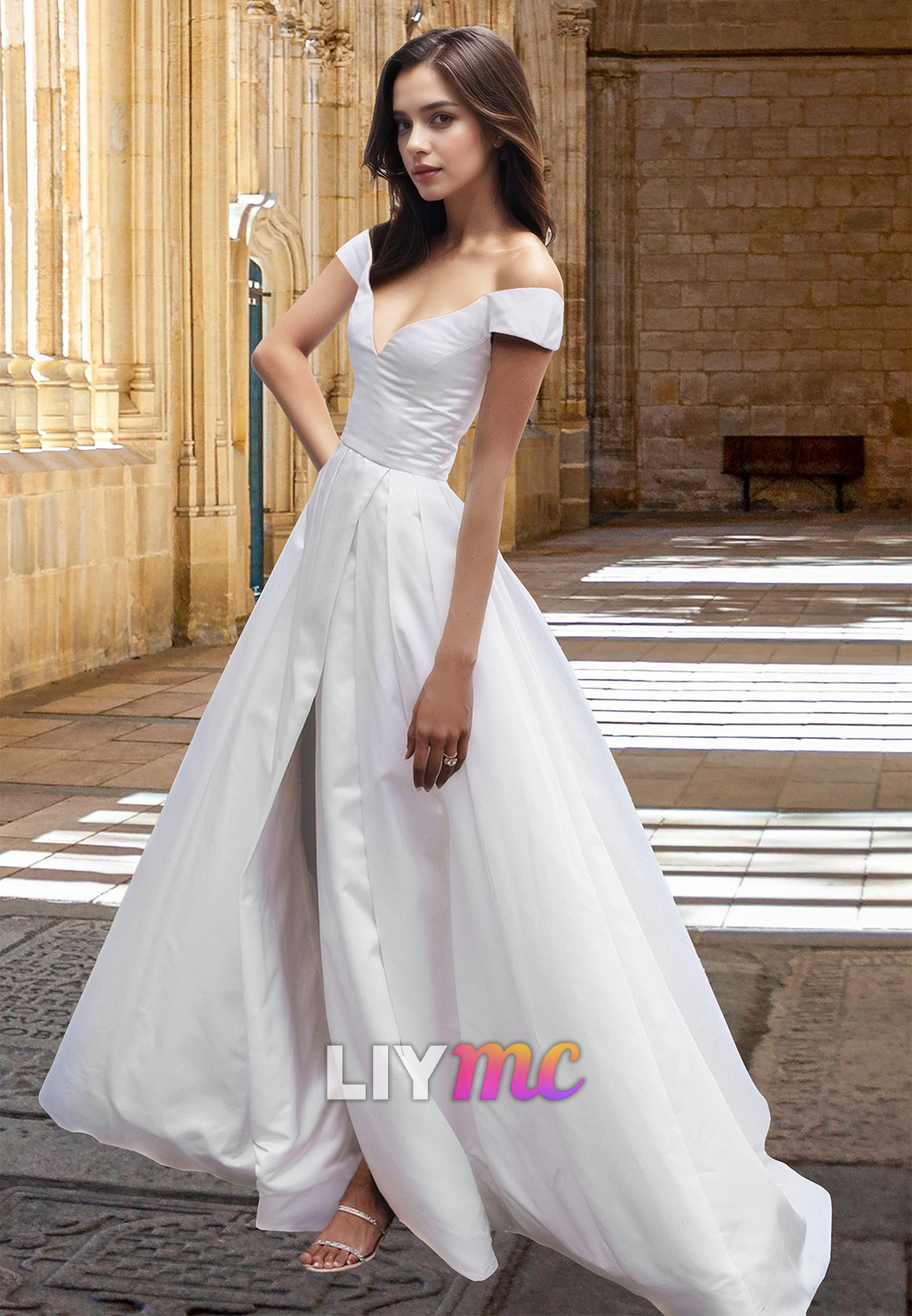 LW031 - A Line Off Shoulder Satin Wedding Dress with Slit Liymc LW031 - A Line Off Shoulder Satin Wedding Dress with Slit Liymc