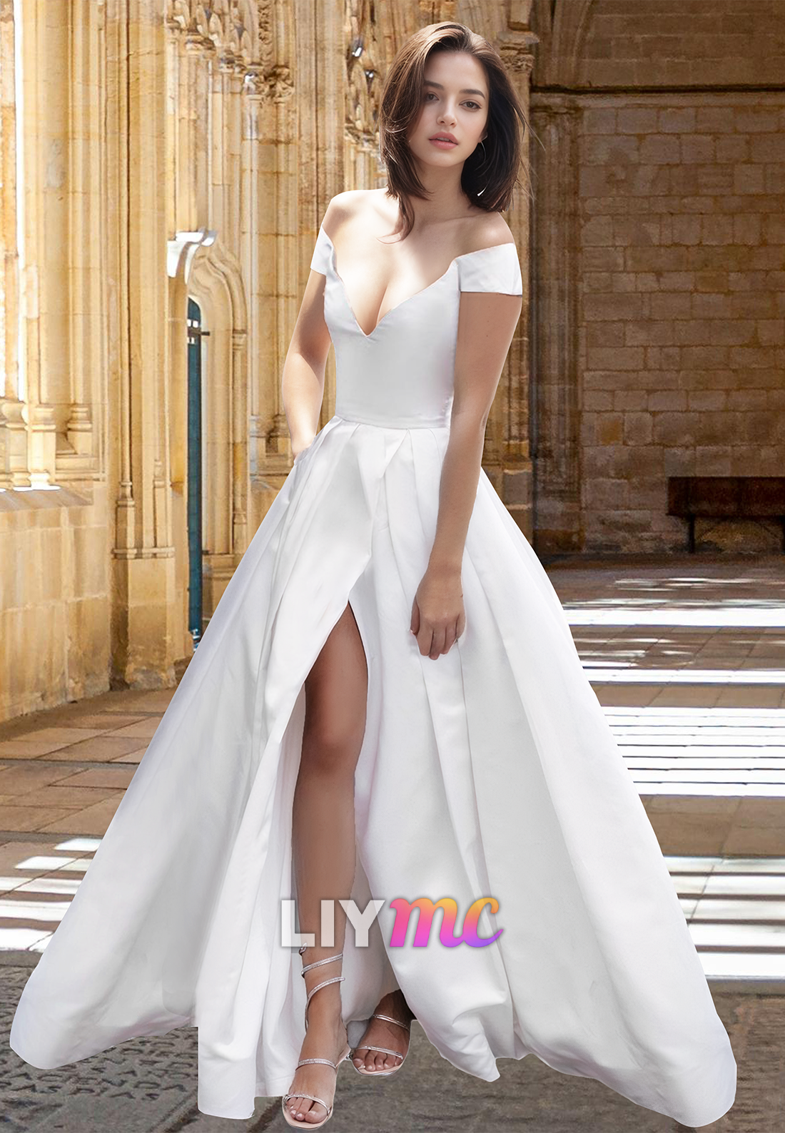 LW031 - A Line Off Shoulder Satin Wedding Dress with Slit