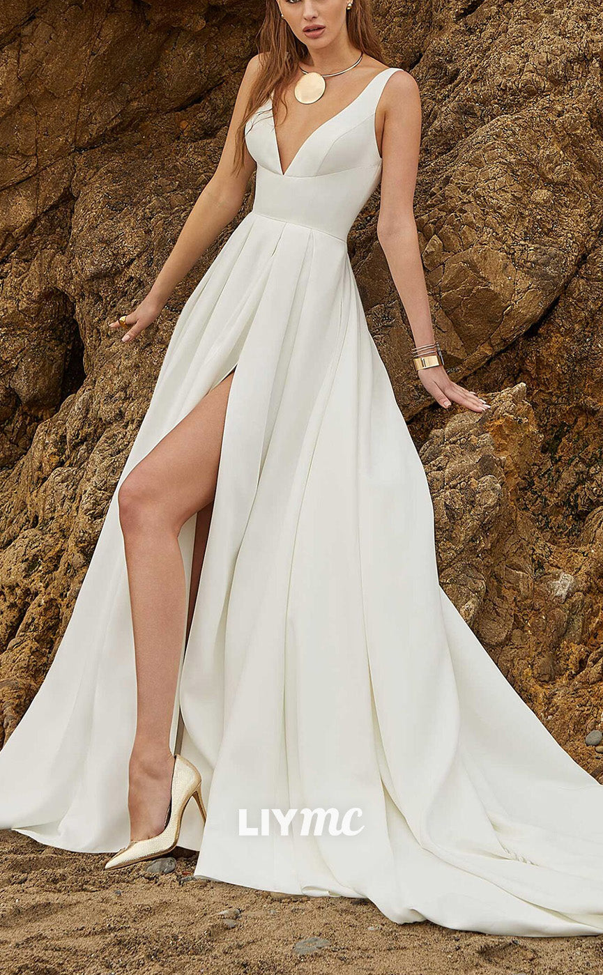 LW894 - V-Neck Sleeveless Sleek Satin High Slit Pleated Beach Wedding Liymc LW894 - V-Neck Sleeveless Sleek Satin High Slit Pleated Beach Wedding Liymc