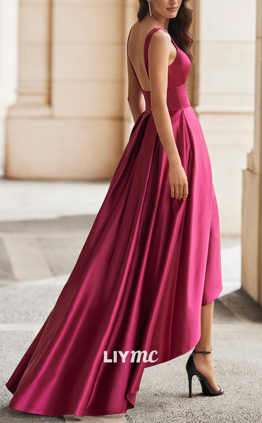 M1291 - V-Neck Sleeveless Sleek Satin Pleated A-Line Mother of Bride Dress Cocktail Dress