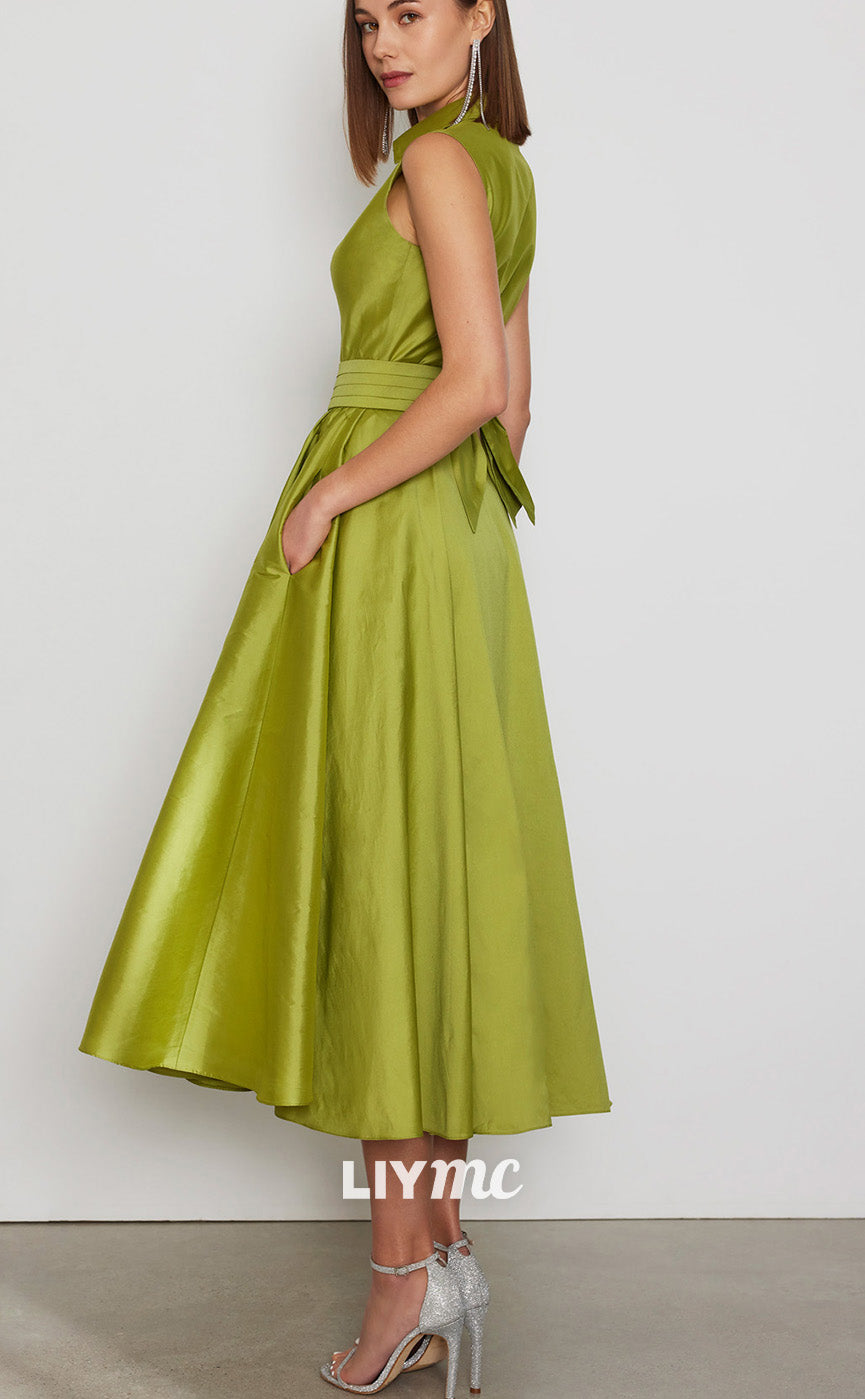 M1276 - V-Neck Sleeveless Sleek Satin Pleated A-Line Mother of Bride Dress Cocktail Dress