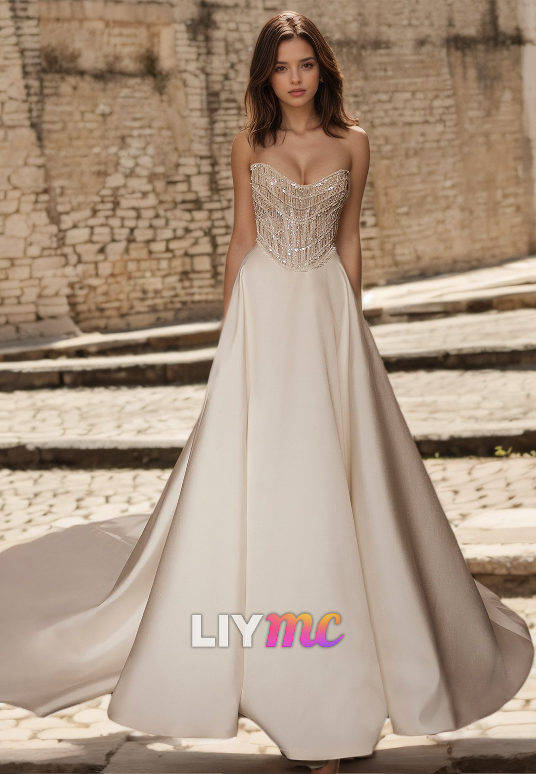 V-Neck Sleeveless Sparkle Sleek Satin A-Line Wedding Dress