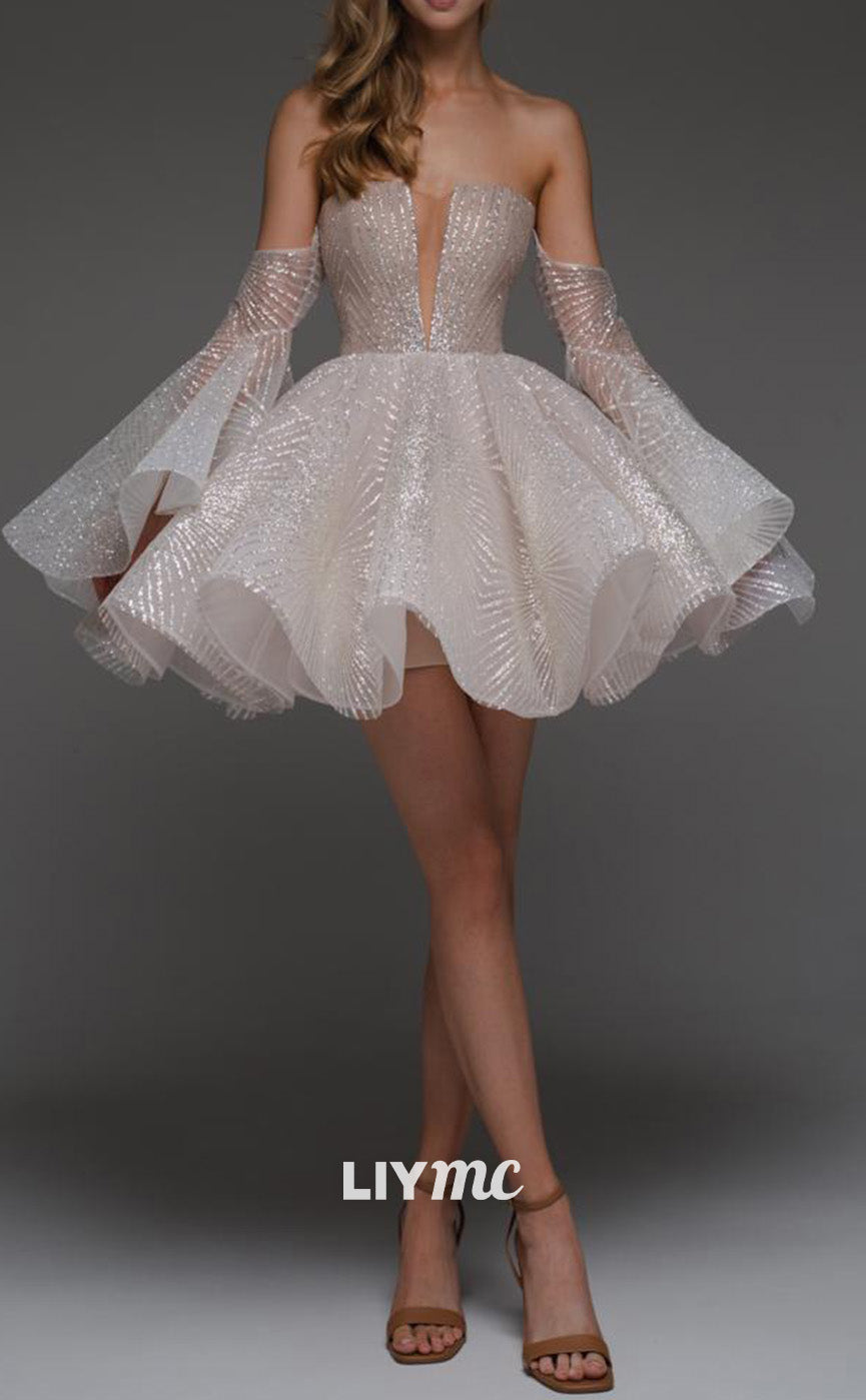 LY317 - V-Neck Sleeveless Sparkly Pleated A-Line Short Homecoming Dress