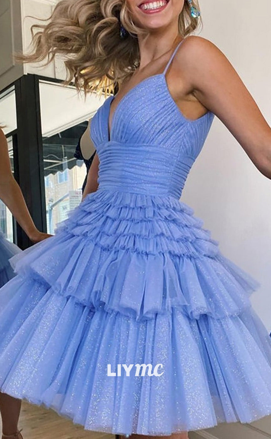 LY078 - V-Neck Sleeveless Tulle A-Line Short Homecoming Graduation Dress