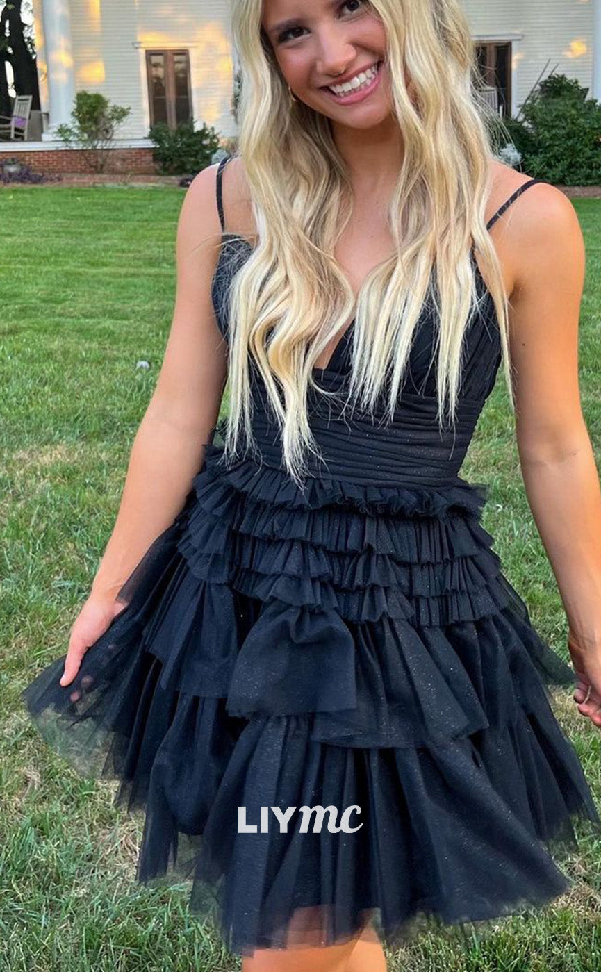 LY078 - V-Neck Sleeveless Tulle A-Line Short Homecoming Graduation Dress