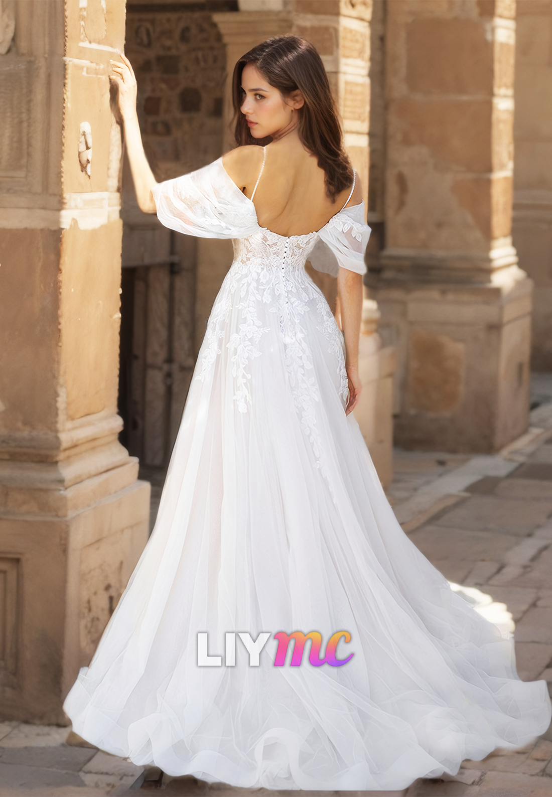 V-Neck Sleeves Appliques Tulle Spaghetti Straps Tulle A-Line Wedding Dress