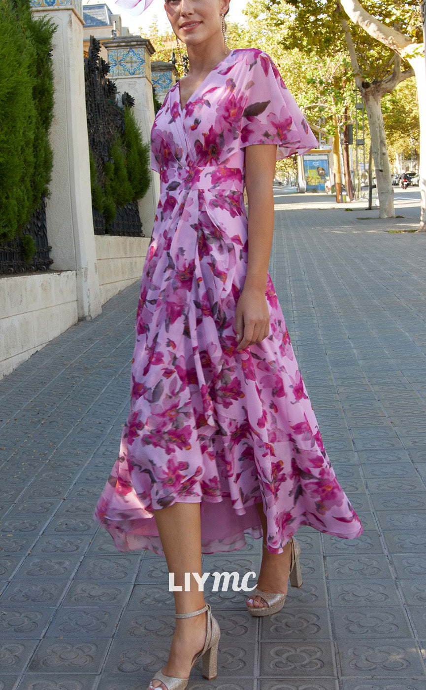 M1192 - V-Neck Sleeves Floral A-Line Chiffon Mother of Bride Cocktail Dress