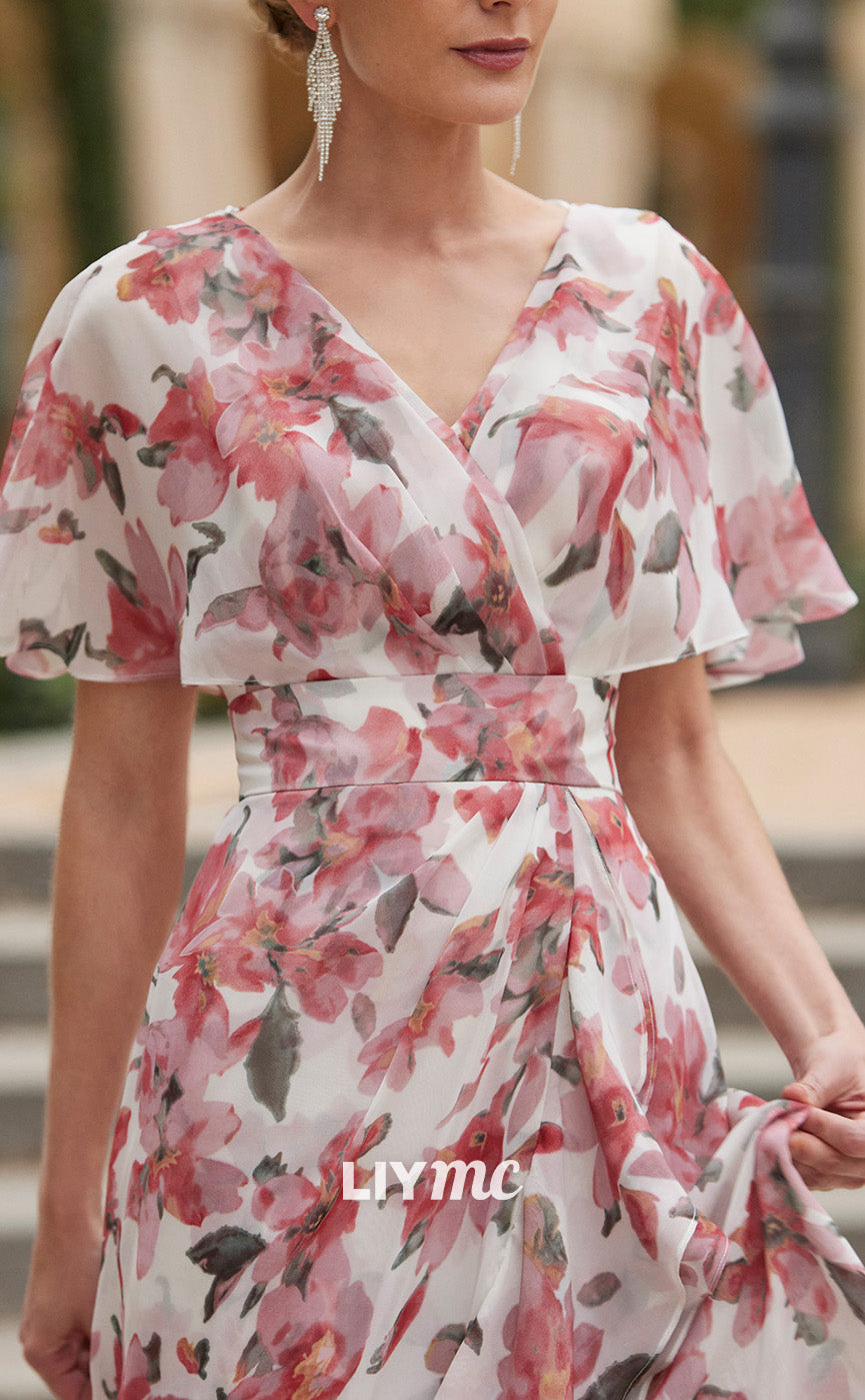M1192 - V-Neck Sleeves Floral A-Line Chiffon Mother of Bride Cocktail Dress