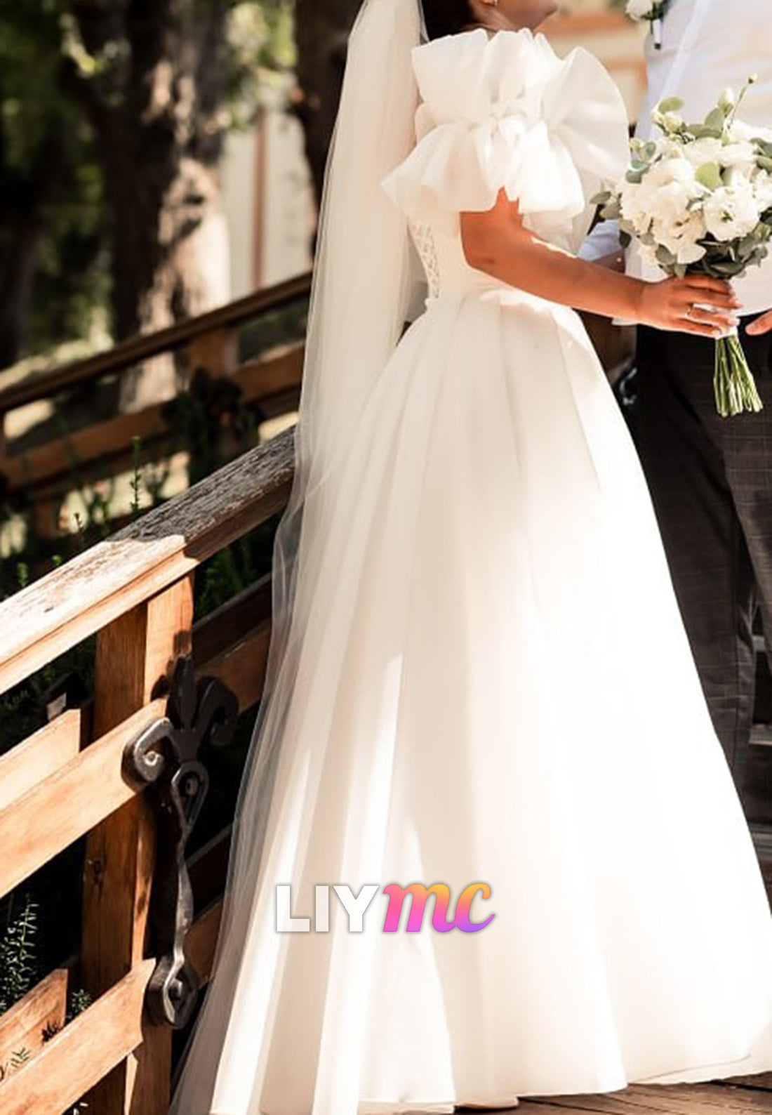 V-Neck Sleeves Pleated Side Slit A-Line Wedding Dress