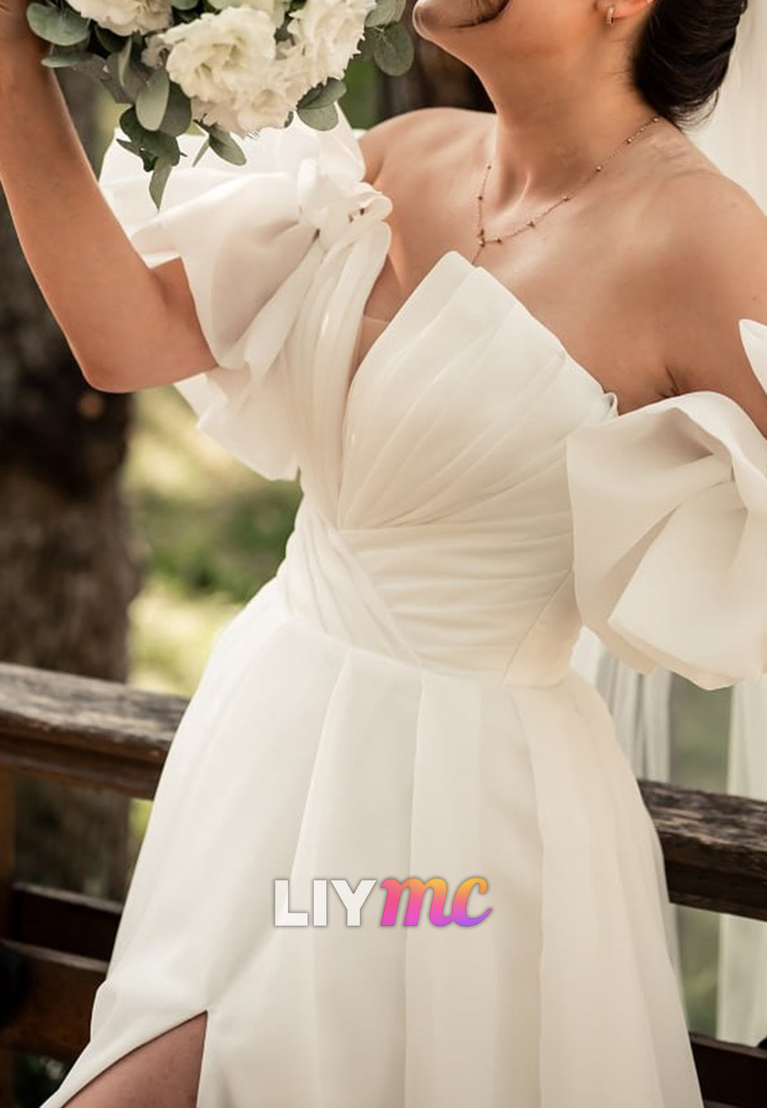 V-Neck Sleeves Pleated Side Slit A-Line Wedding Dress