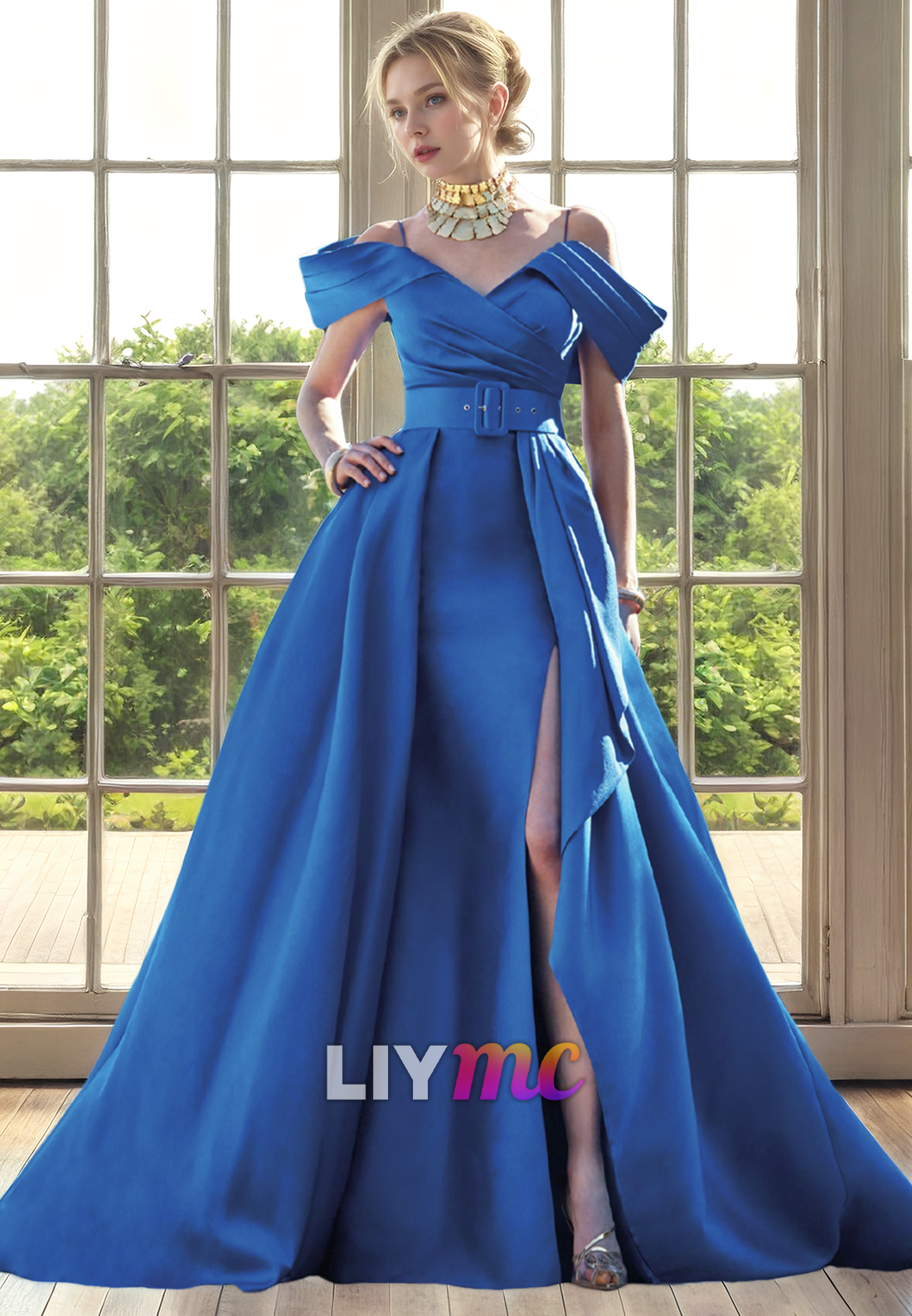 Off-Shoulder Straps Sleek Satin High Slit Mother of Bride Dress Cocktail Dress