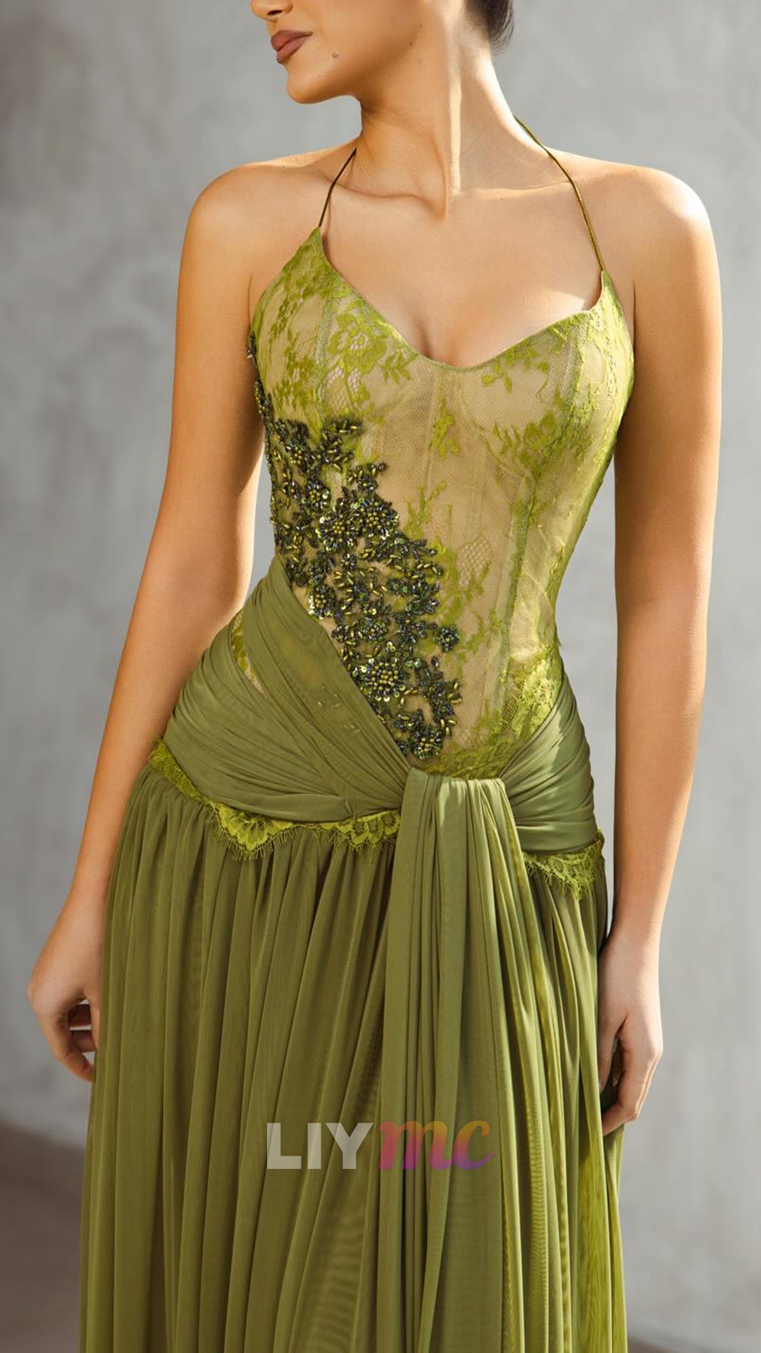 V-Neck Spaghetti Straps Appliques A-Line Prom Dress