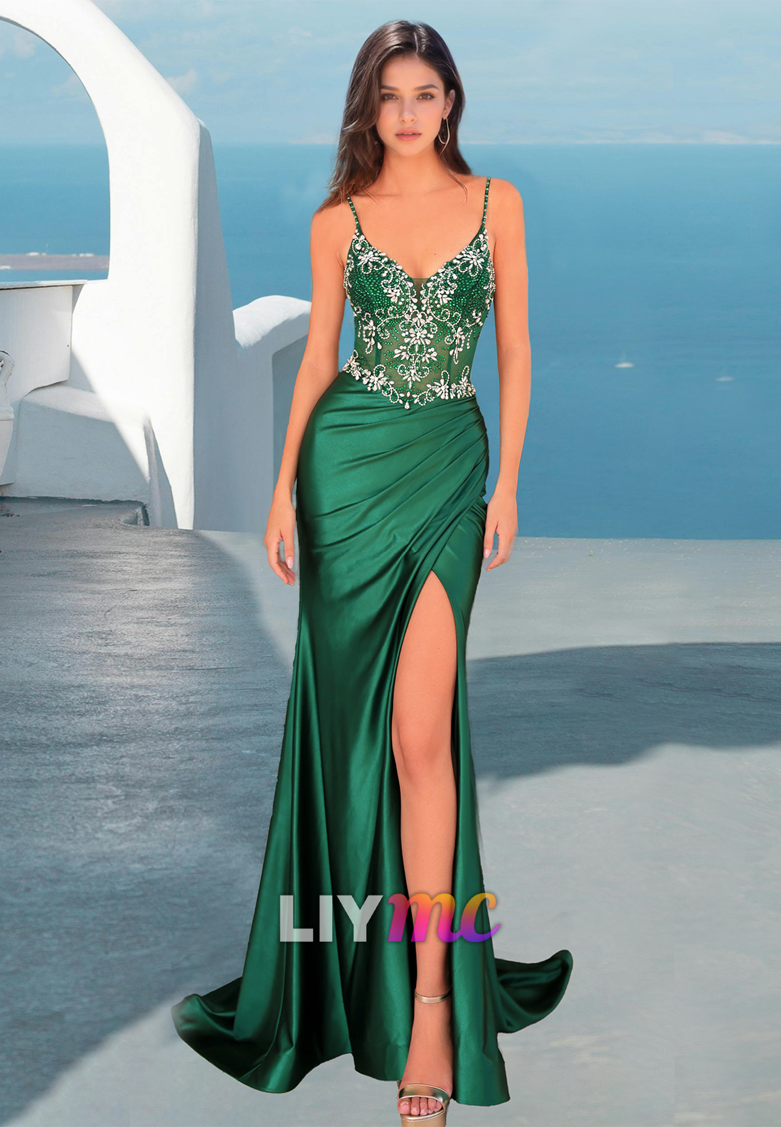 V-Neck Spaghetti Straps Appliques Beaded Pleated Sheath Prom Dress